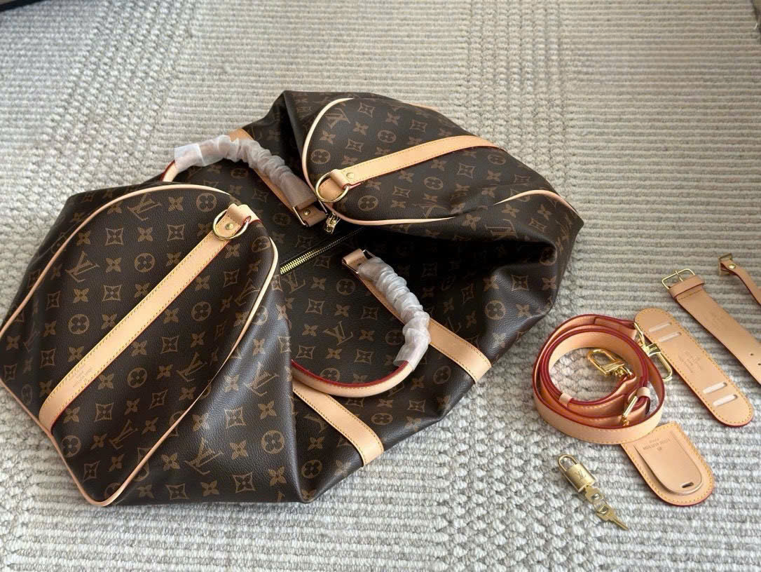 Túi trống du lịch Louis Vuitton LV Keepall monogram size 50 Like Auth PLD\nâu viền kem