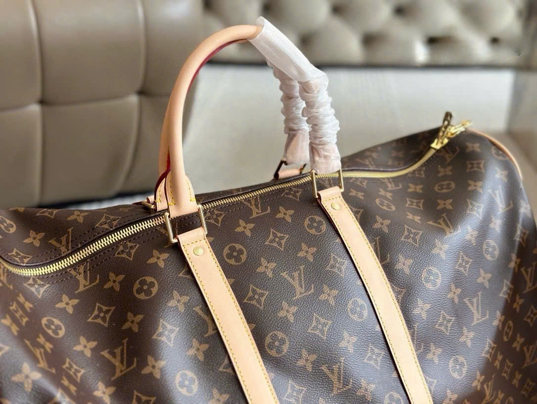 Túi trống du lịch Louis Vuitton LV Keepall monogram size 50 Like Auth PLD\nâu viền kem
