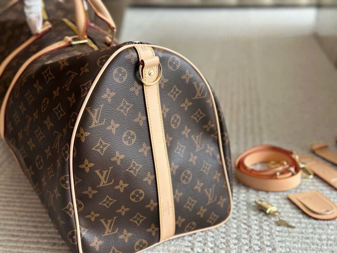 Túi trống du lịch Louis Vuitton LV Keepall monogram size 50 Like Auth PLD\nâu viền kem