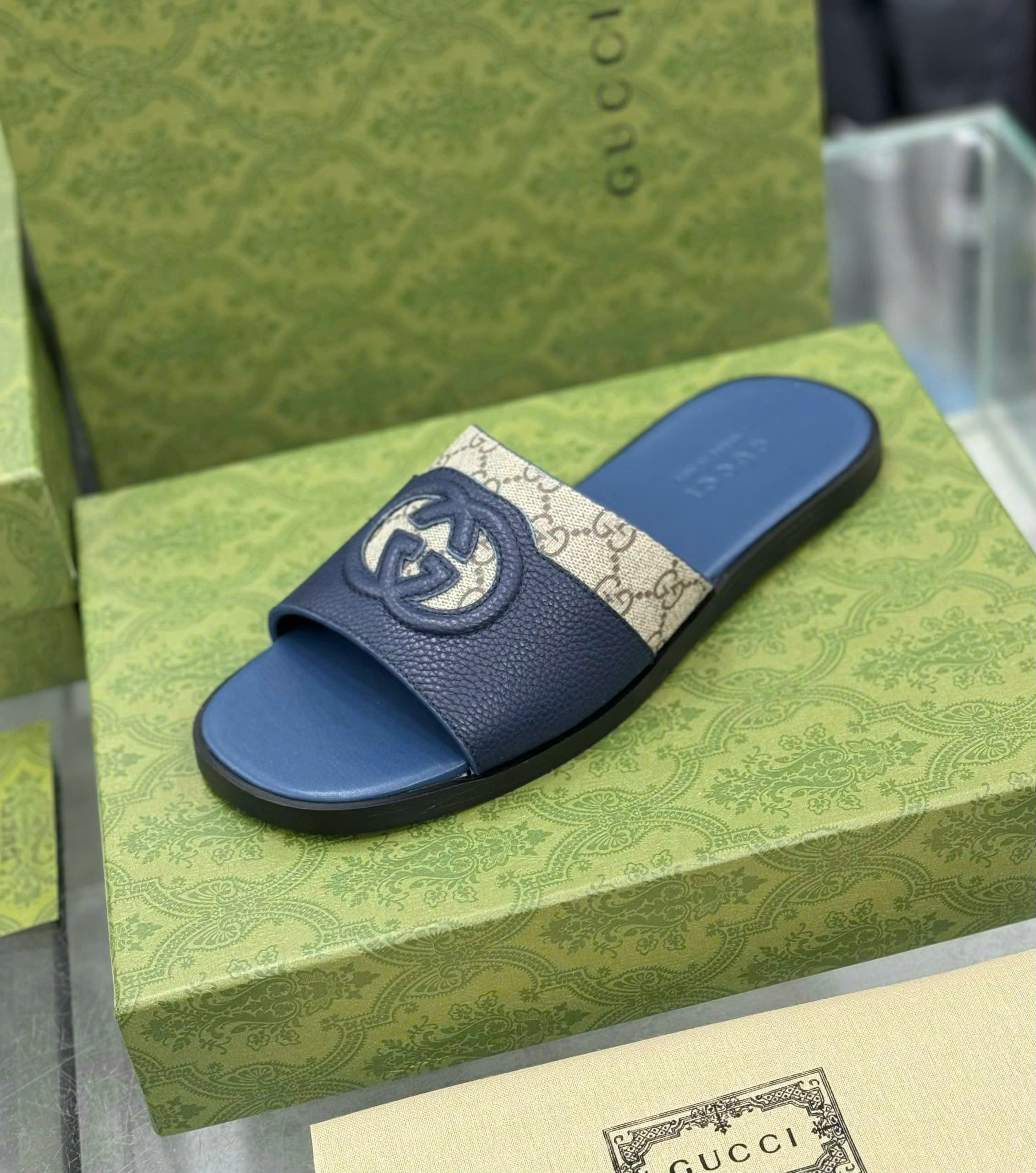 Dép lê quai ngang Gucci GC Xanh than trơn phối họa tiết monogram logo GG thêu nổi Like Auth on web fullbox bill thẻ DDT