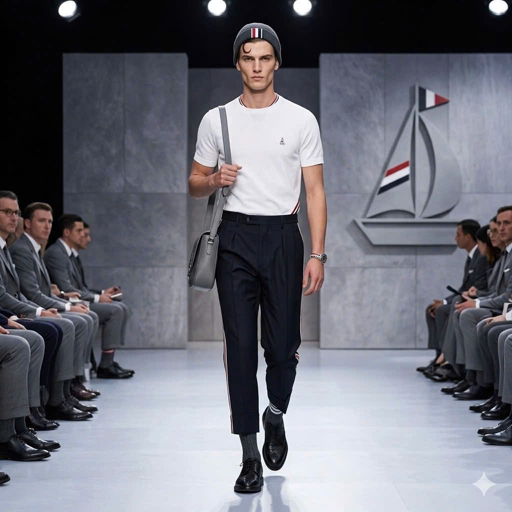 Áo phông T shirt Thombrowne kẻ sọc chéo sườn logo thêu ngực con thuyền Like Auth 48-52 MK\TRẮNG