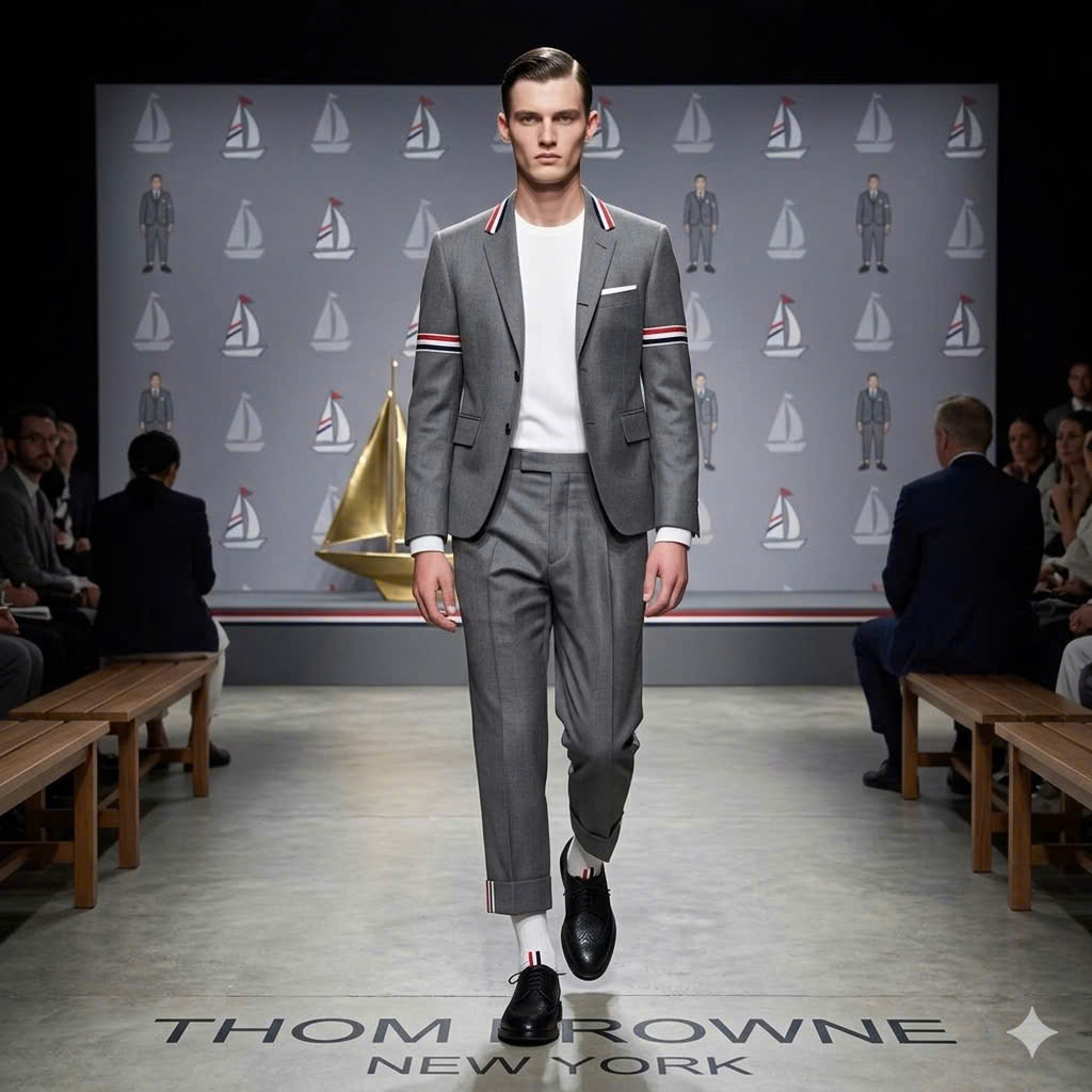 Áo phông T shirt Thombrowne kẻ sọc chéo sườn logo thêu ngực con thuyền Like Auth 48-52 MK\TRẮNG