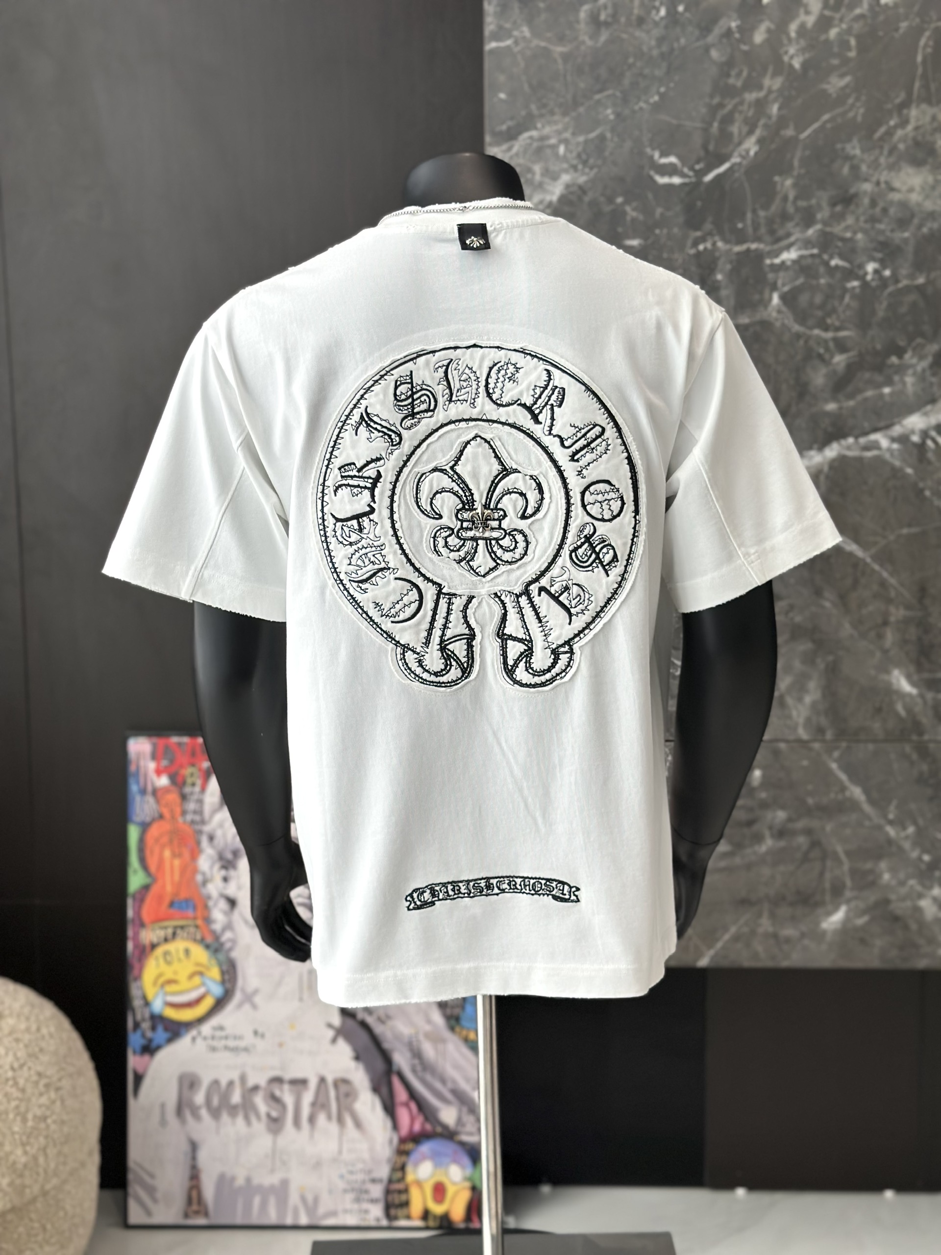 Áo phông T shirt Chrome Heart logo wash bông hoa ngực Like Auth M-XL VTN\Trắng