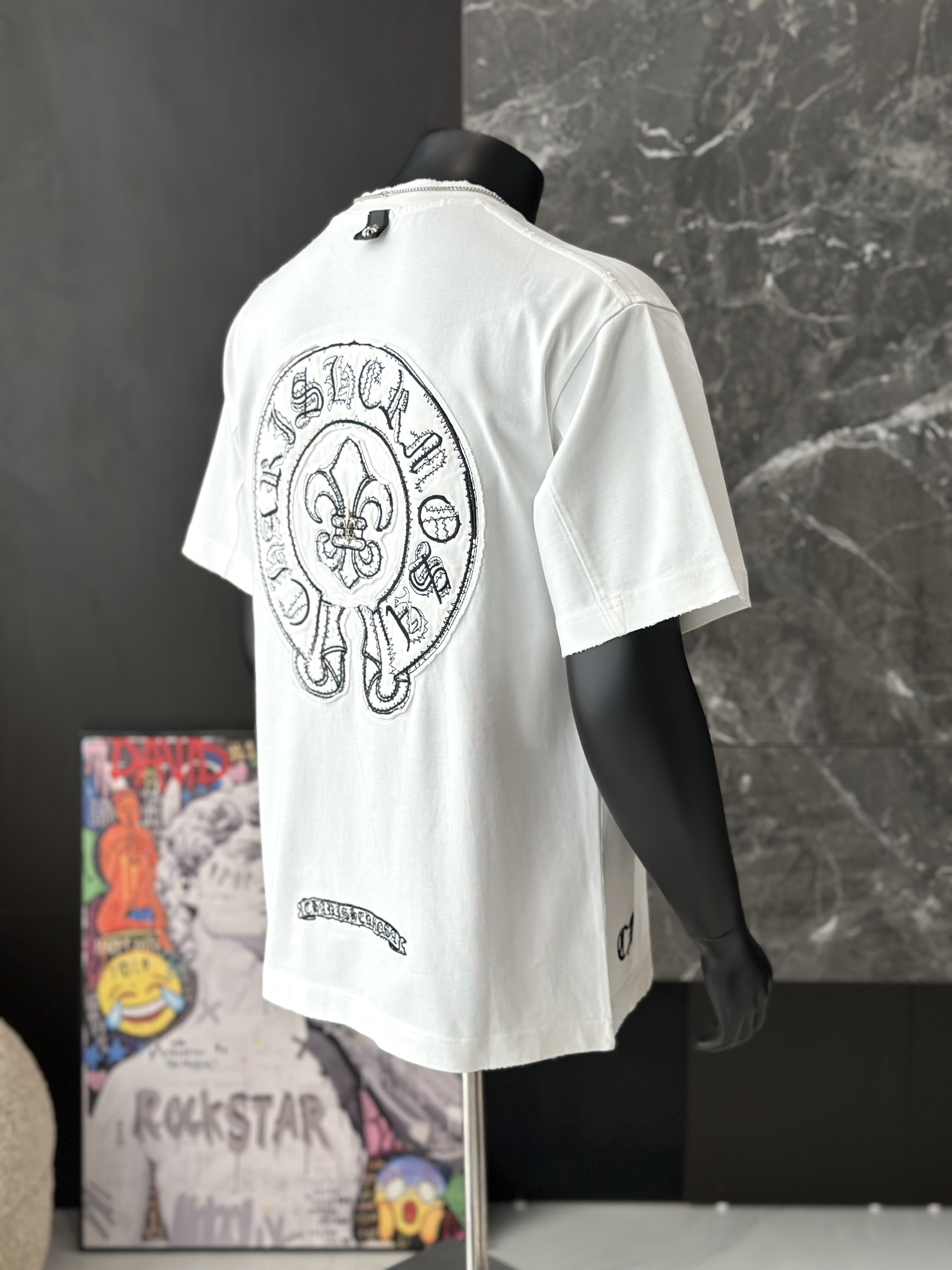 Áo phông T shirt Chrome Heart logo wash bông hoa ngực Like Auth M-XL VTN\Trắng