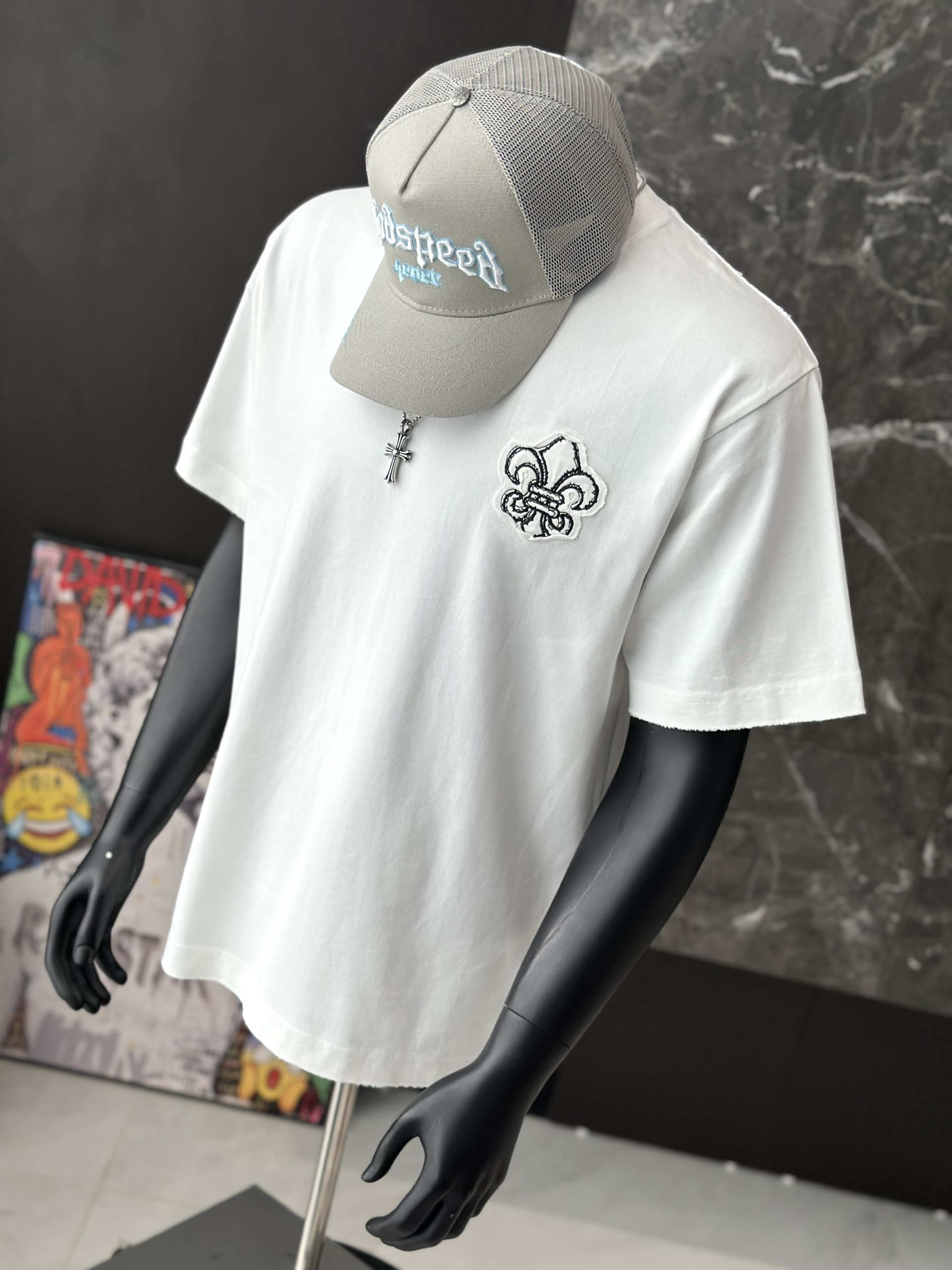 Áo phông T shirt Chrome Heart logo wash bông hoa ngực Like Auth M-XL VTN\Trắng