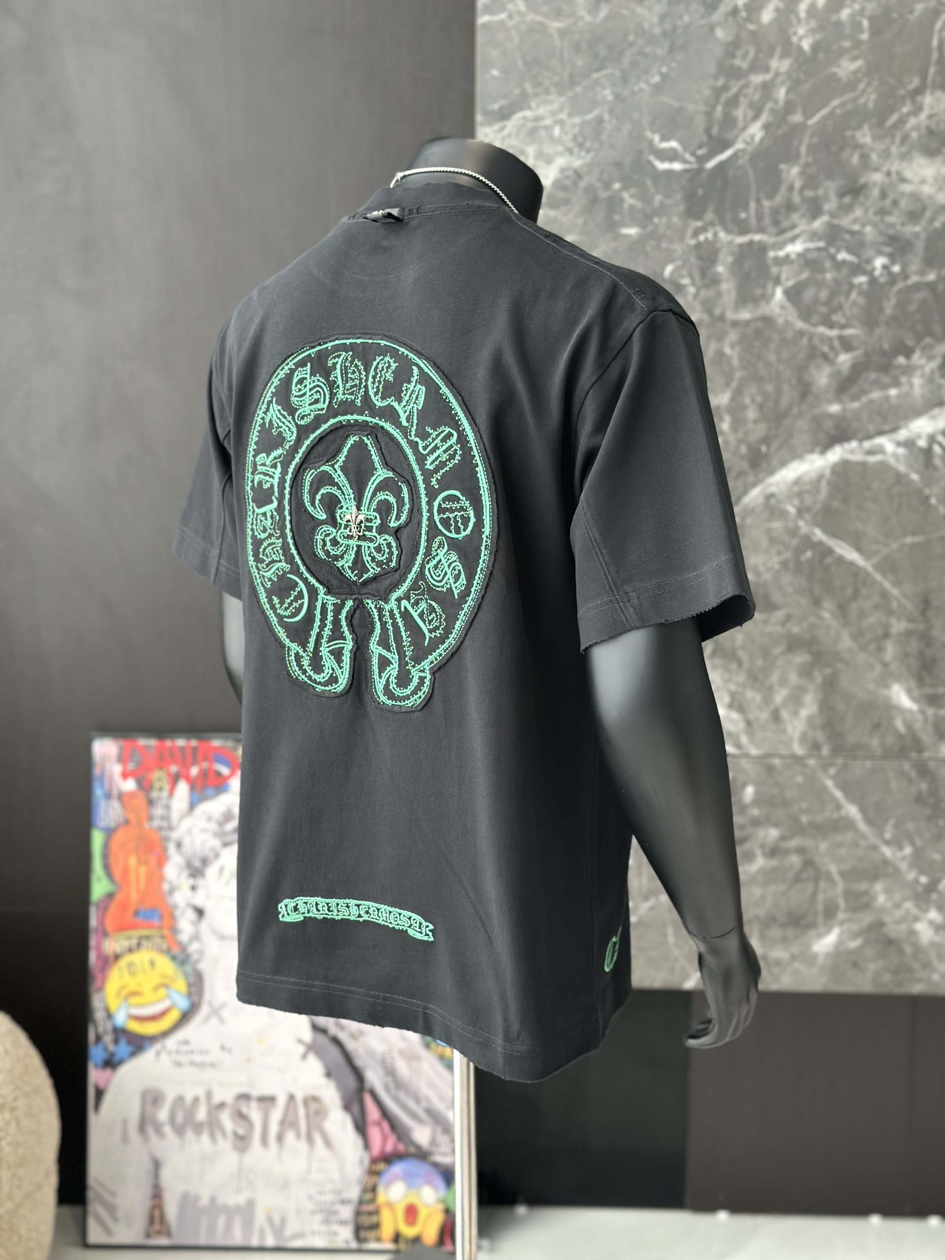Áo phông T shirt Chrome Heart logo wash bông hoa ngực Like Auth M-XL VTN\Đen