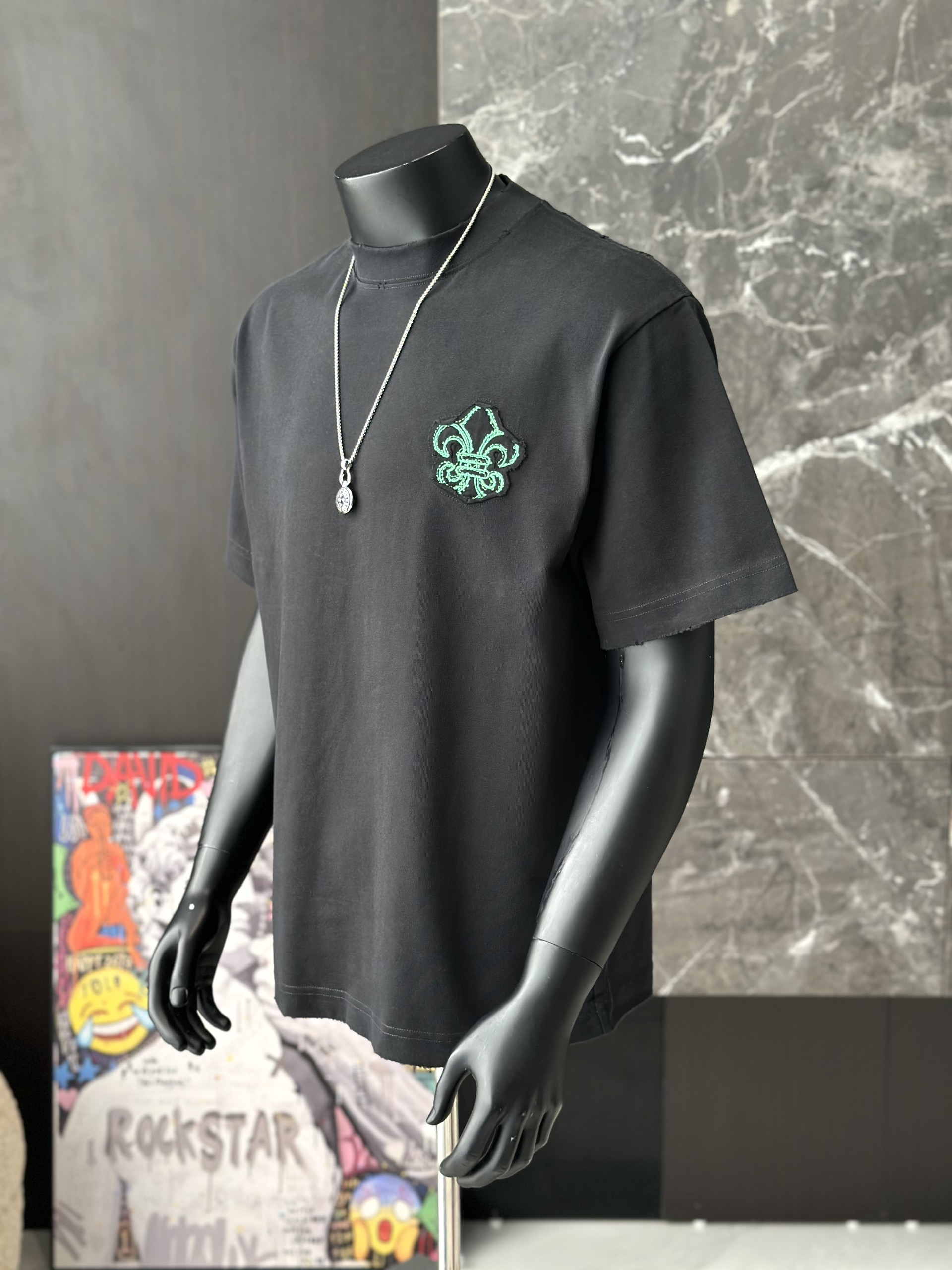 Áo phông T shirt Chrome Heart logo wash bông hoa ngực Like Auth M-XL VTN\Đen