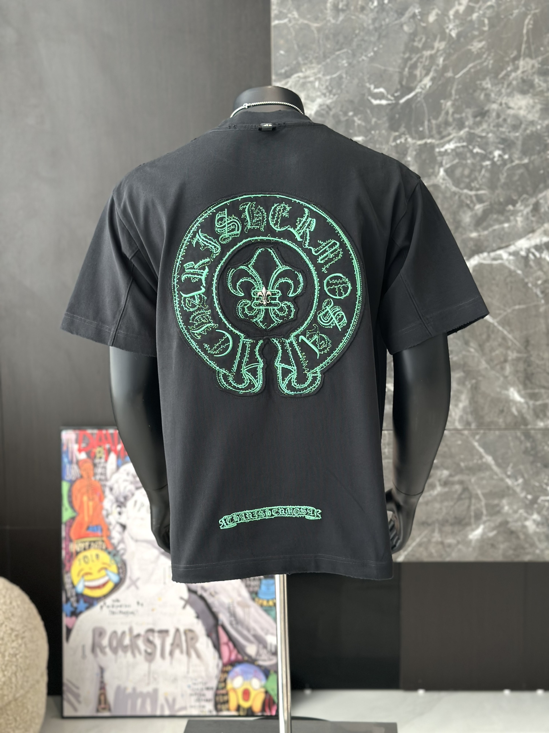 Áo phông T shirt Chrome Heart logo wash bông hoa ngực Like Auth M-XL VTN\Đen