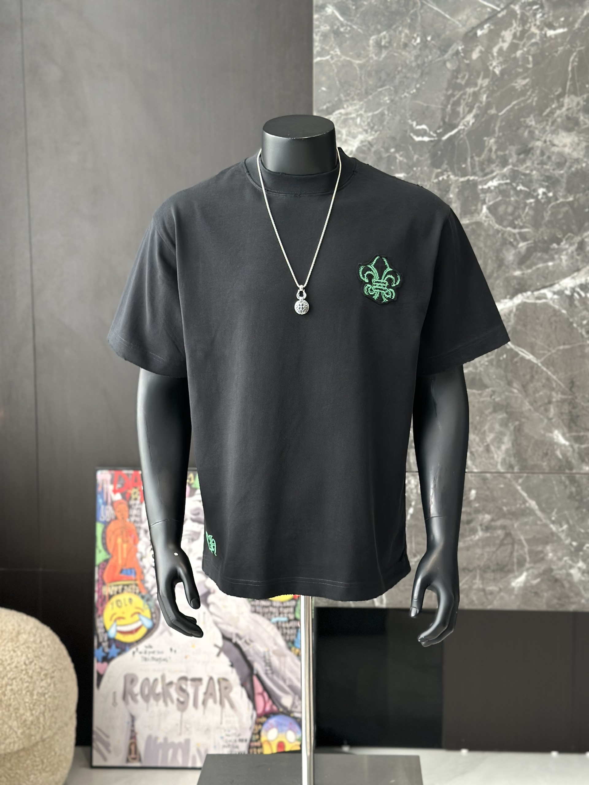 Áo phông T shirt Chrome Heart logo wash bông hoa ngực Like Auth M-XL VTN\Đen