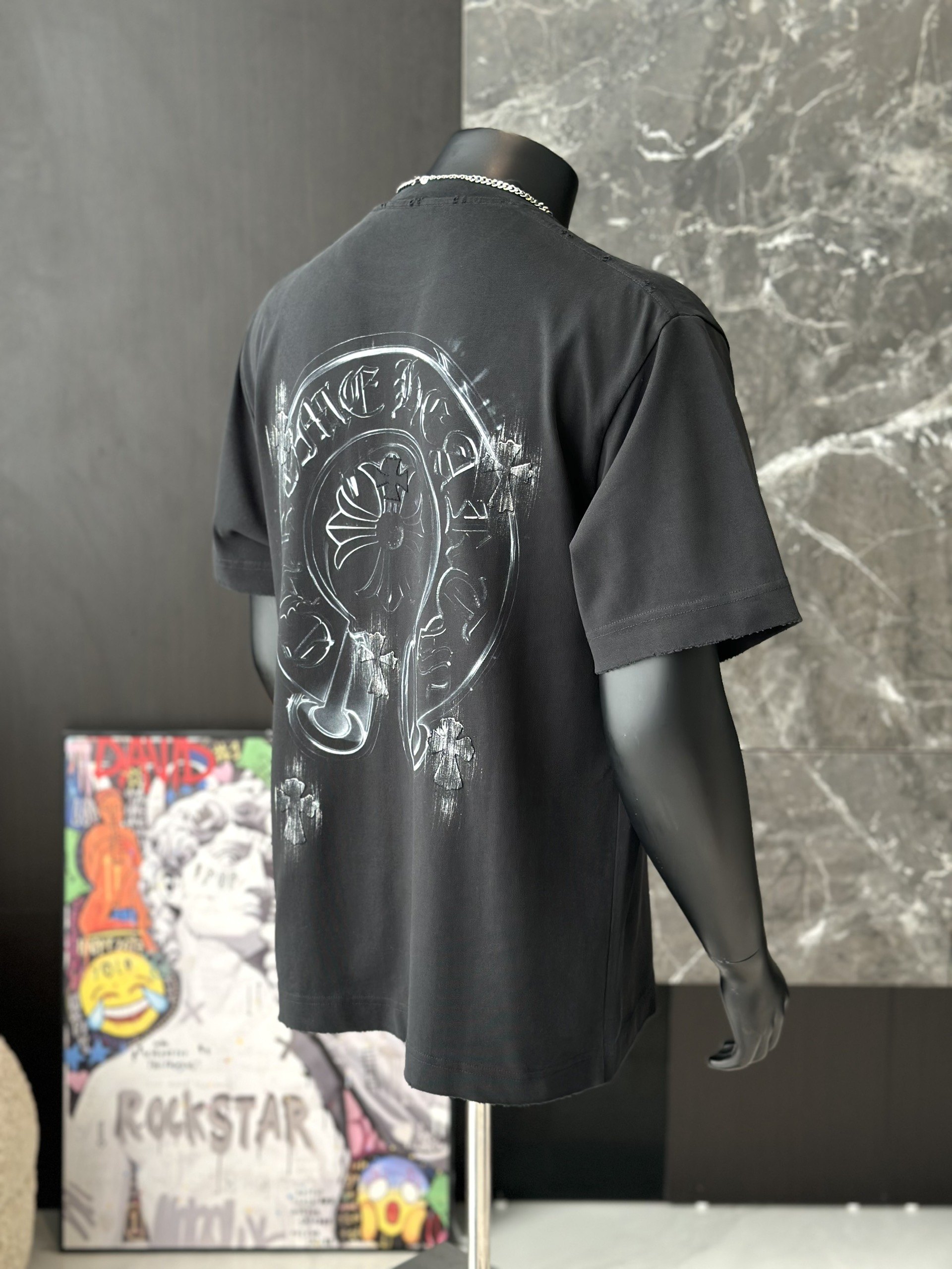 Áo phông T shirt Chrome Heart logo wash chữ thập Like Auth M-XL VTN\Đen