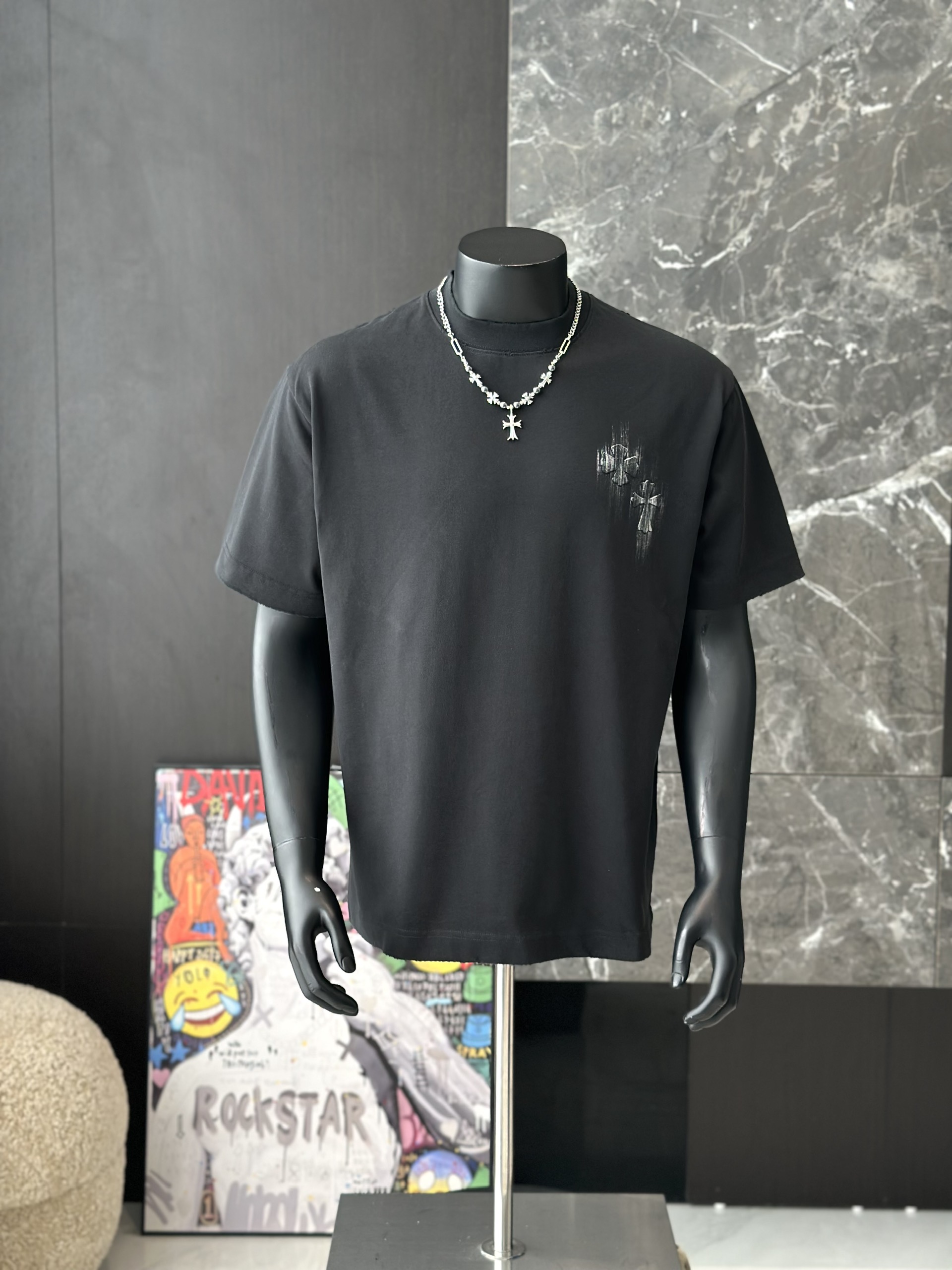 Áo phông T shirt Chrome Heart logo wash chữ thập Like Auth M-XL VTN\Đen