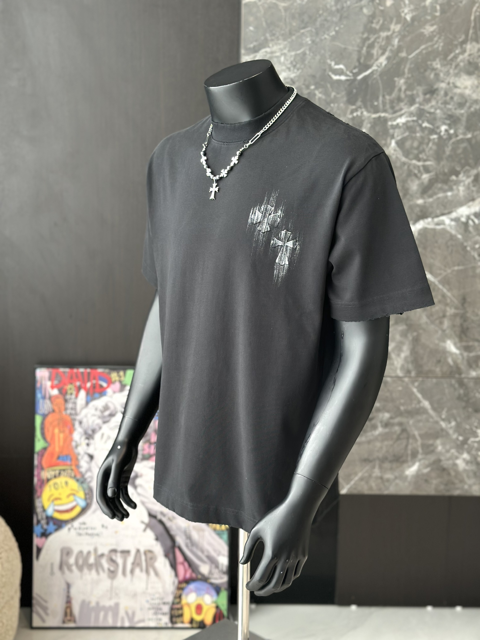 Áo phông T shirt Chrome Heart logo wash chữ thập Like Auth M-XL VTN\Đen