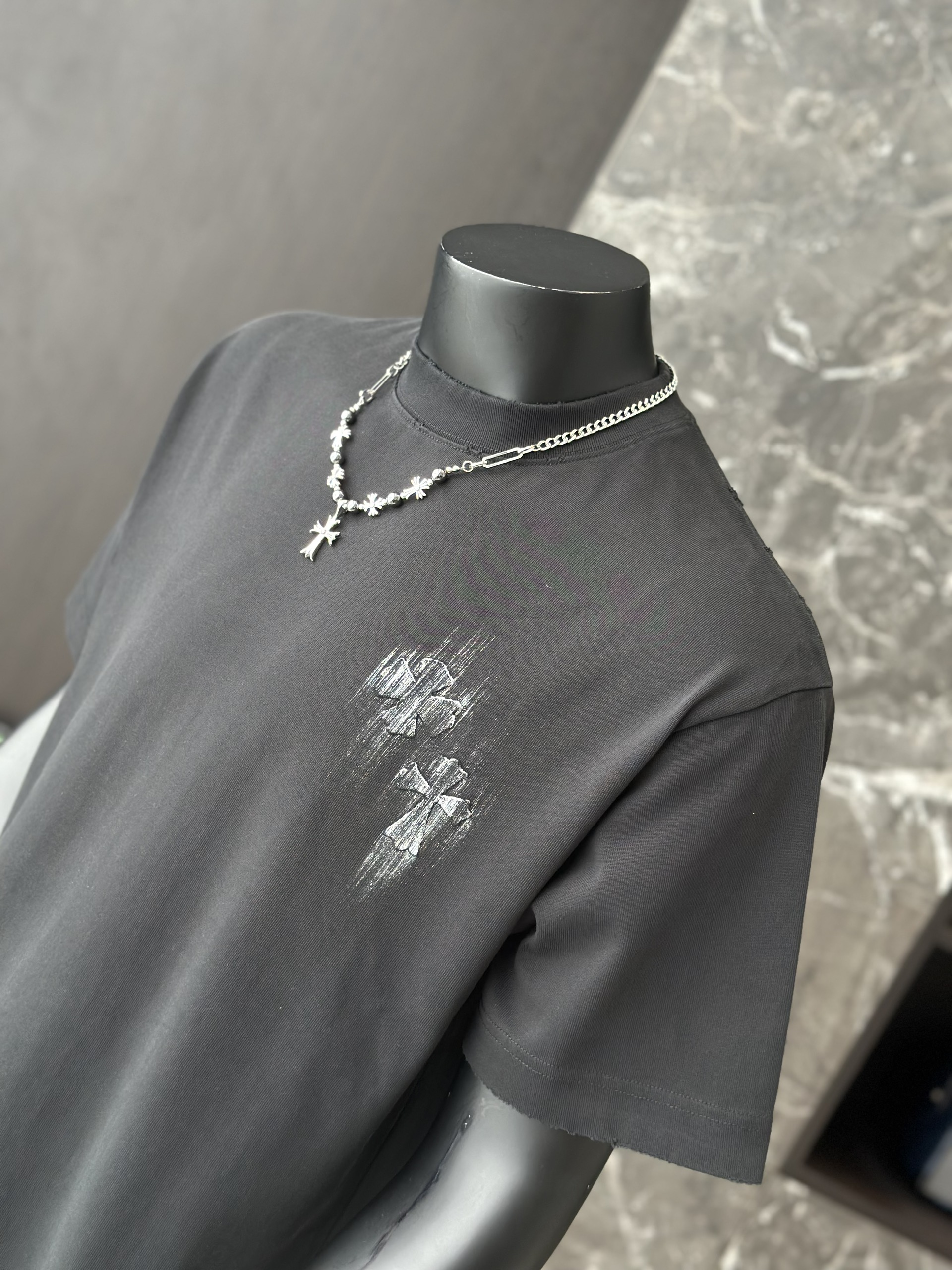 Áo phông T shirt Chrome Heart logo wash chữ thập Like Auth M-XL VTN\Đen