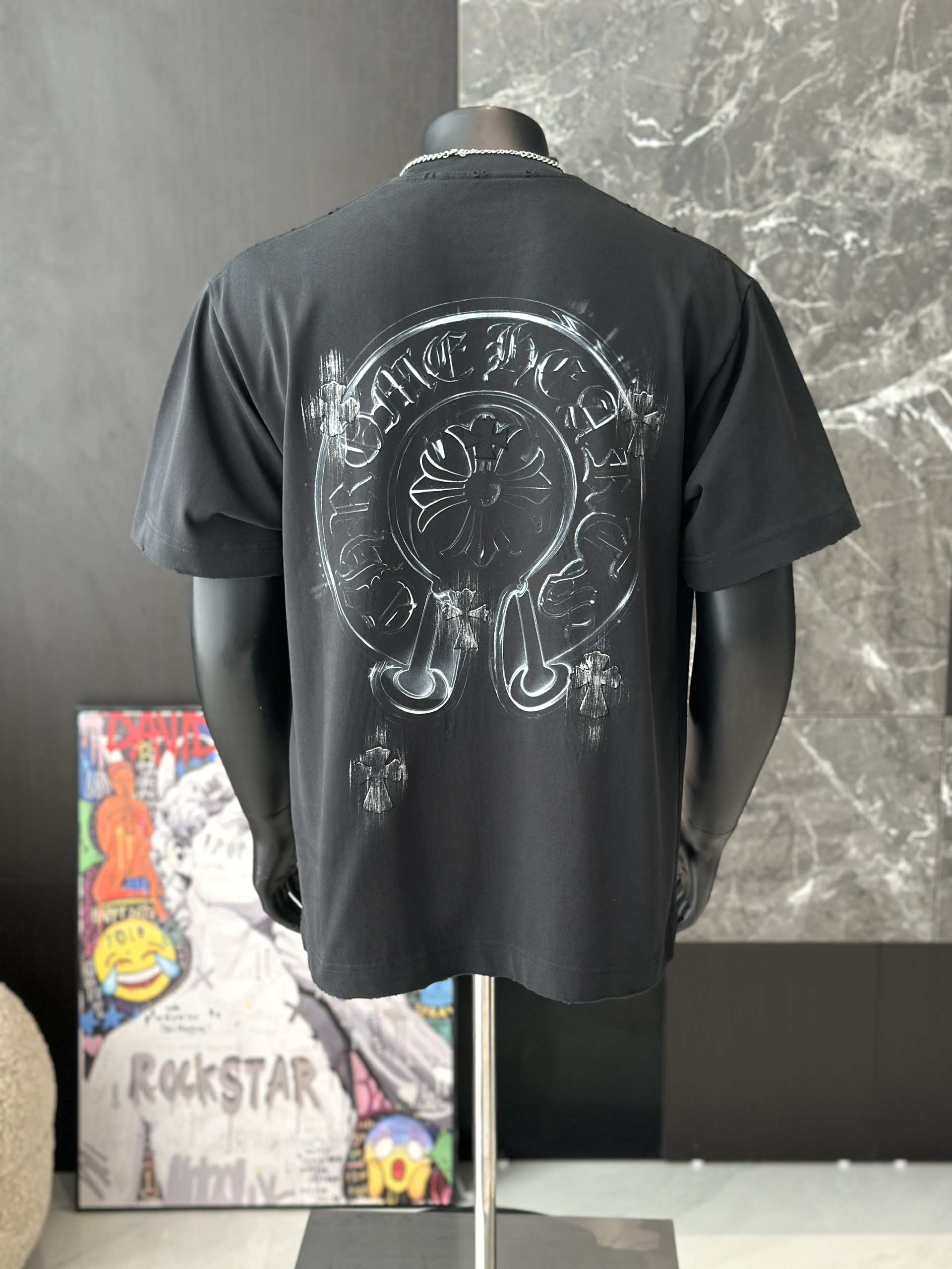 Áo phông T shirt Chrome Heart logo wash chữ thập Like Auth M-XL VTN\Đen