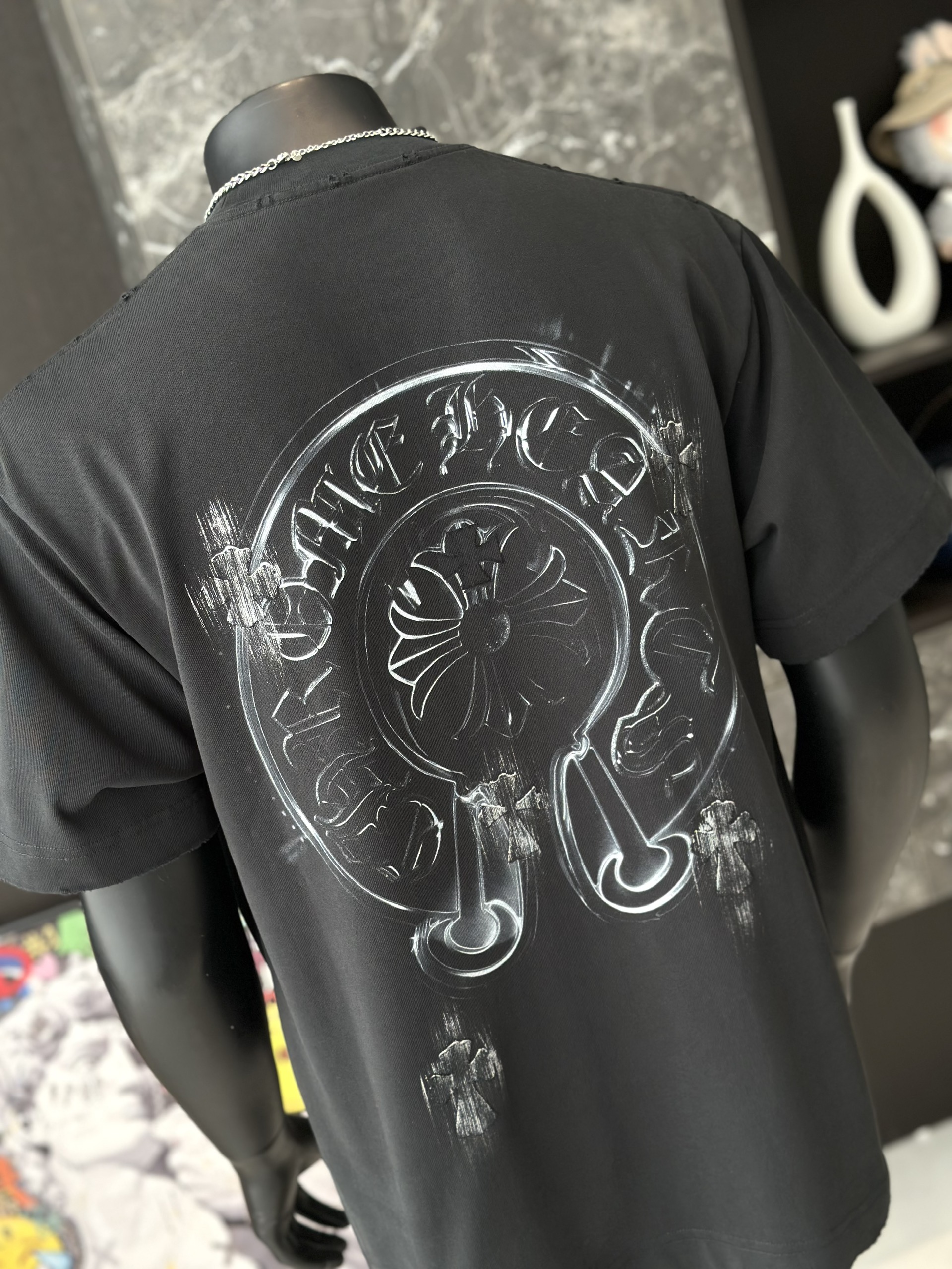 Áo phông T shirt Chrome Heart logo wash chữ thập Like Auth M-XL VTN\Đen