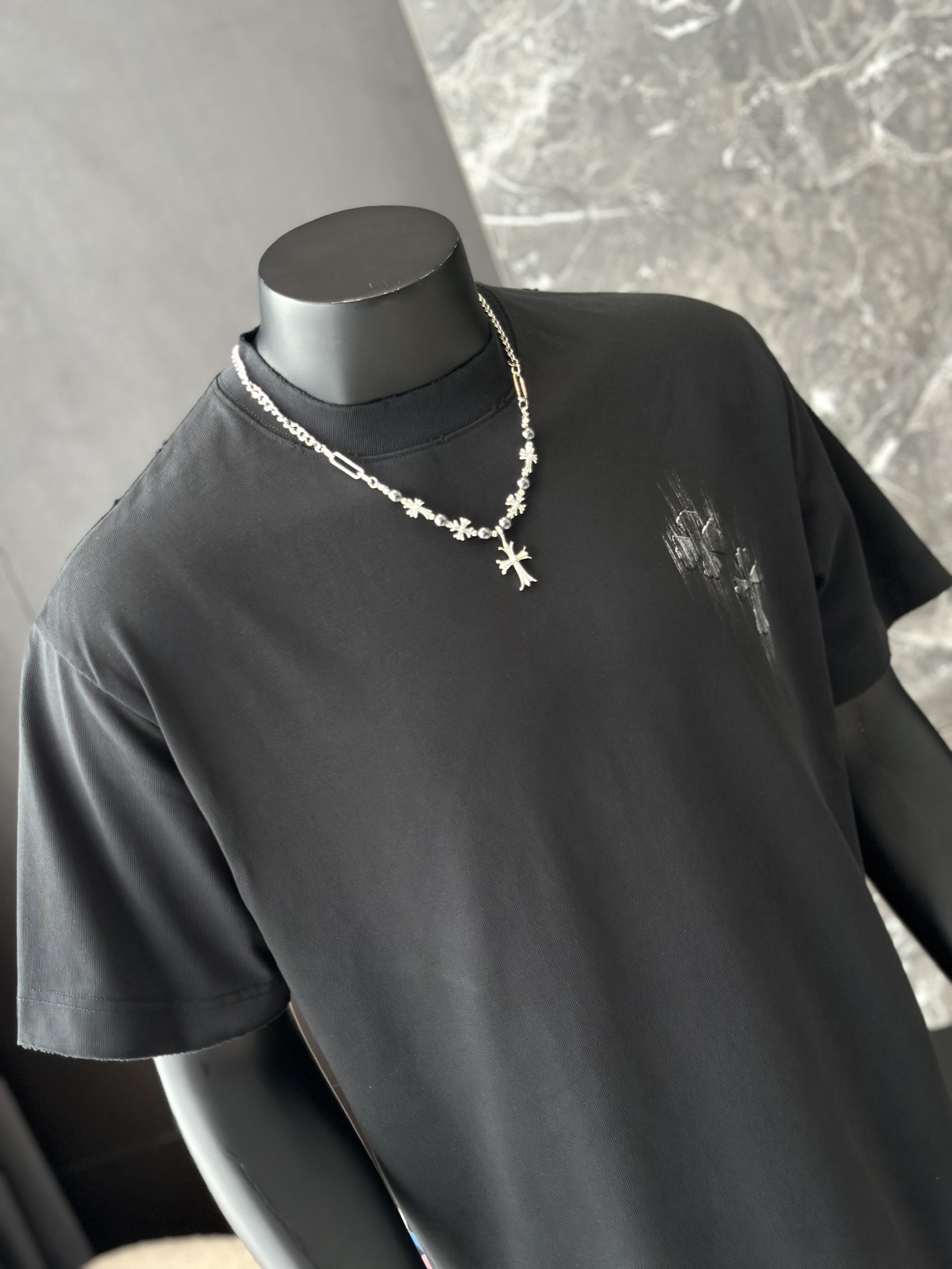 Áo phông T shirt Chrome Heart logo wash chữ thập Like Auth M-XL VTN\Đen
