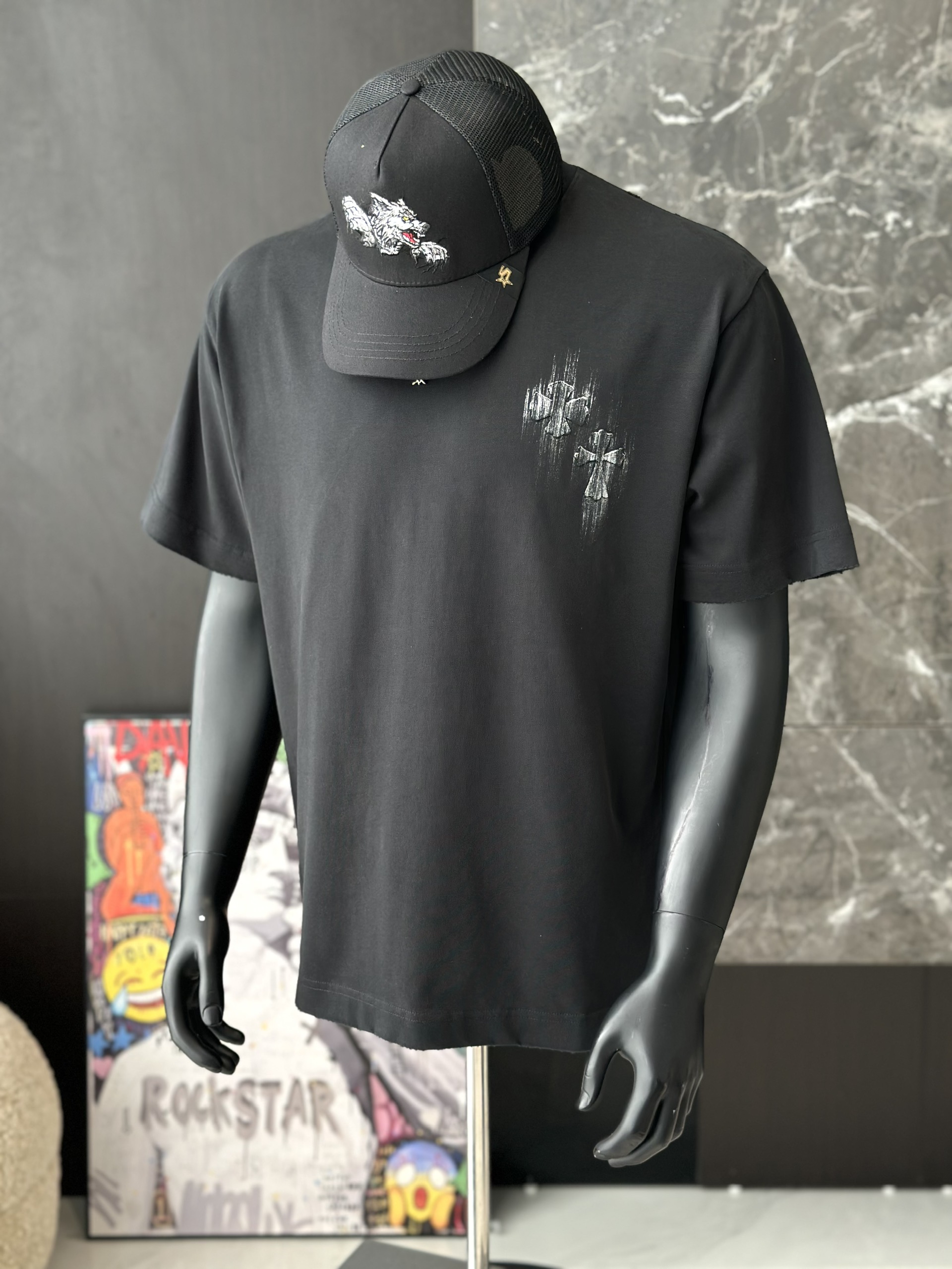 Áo phông T shirt Chrome Heart logo wash chữ thập Like Auth M-XL VTN\Đen