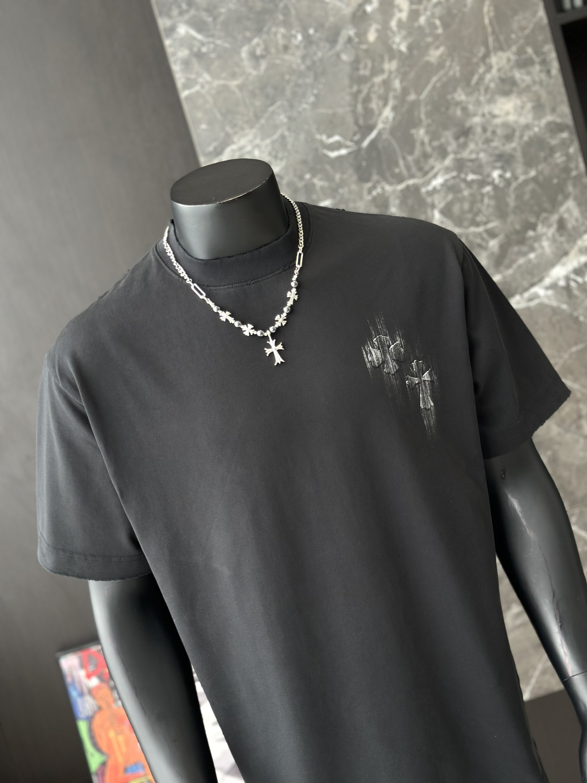 Áo phông T shirt Chrome Heart logo wash chữ thập Like Auth M-XL VTN\Đen