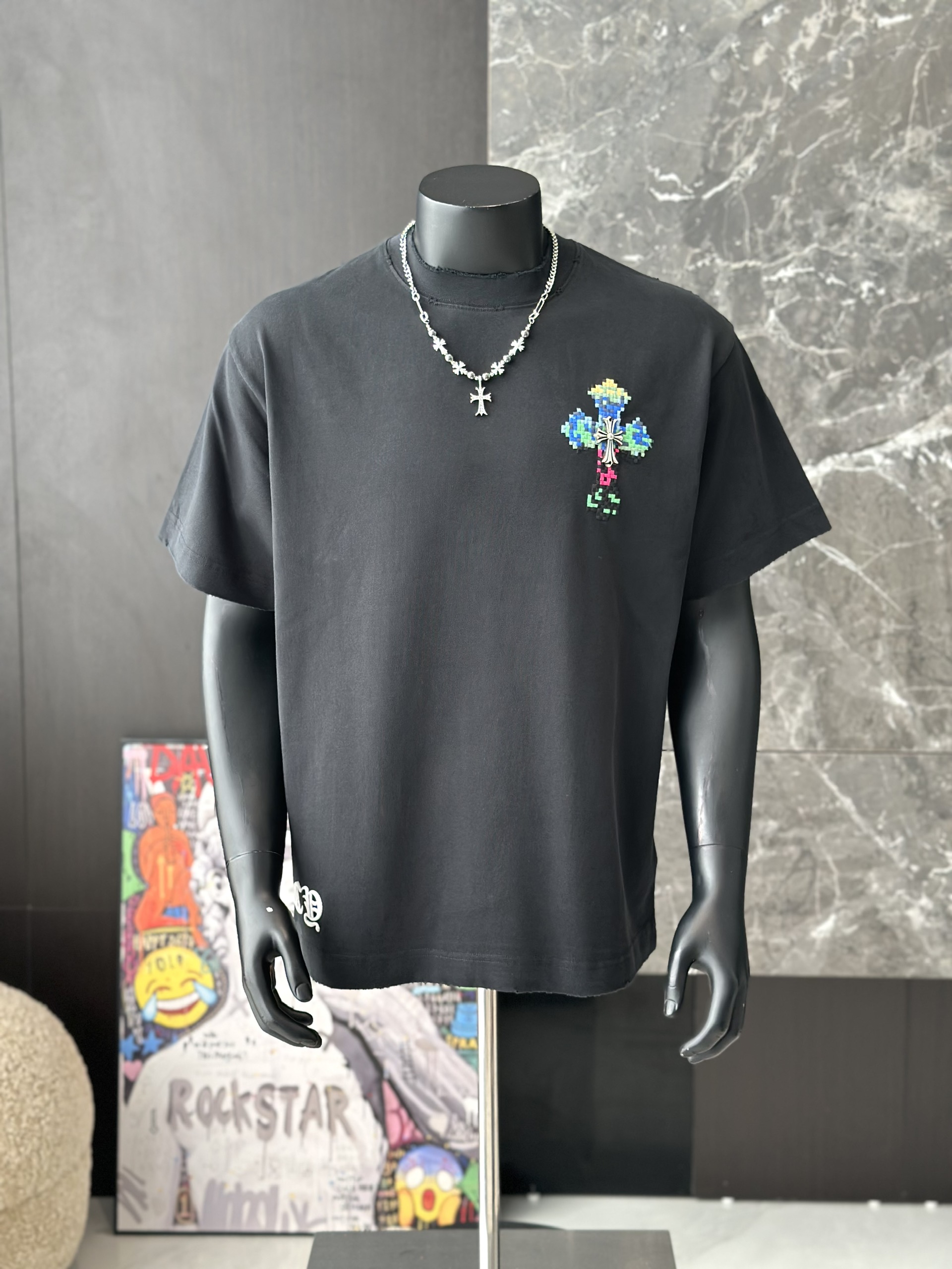 Áo phông T shirt Chrome Heart logo wash chữ thập trước sau Like Auth M-XL VTN\Đen