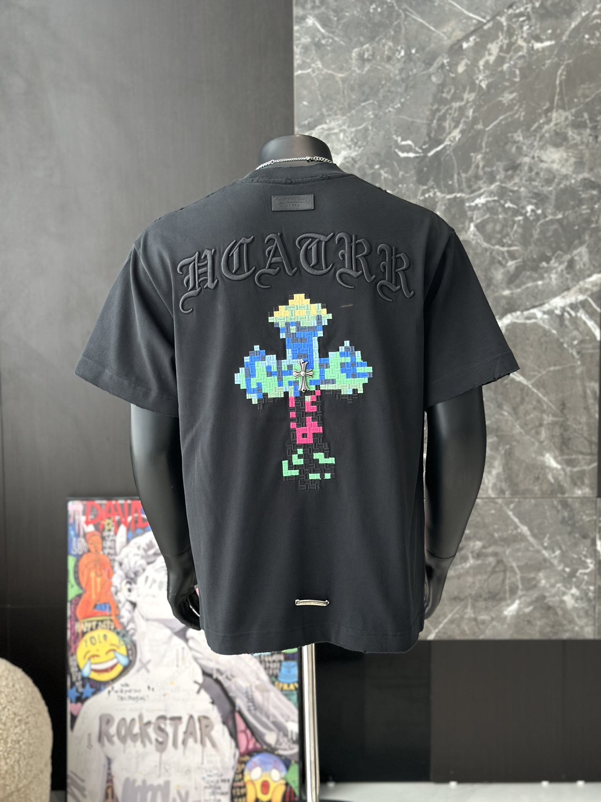 Áo phông T shirt Chrome Heart logo wash chữ thập trước sau Like Auth M-XL VTN\Đen