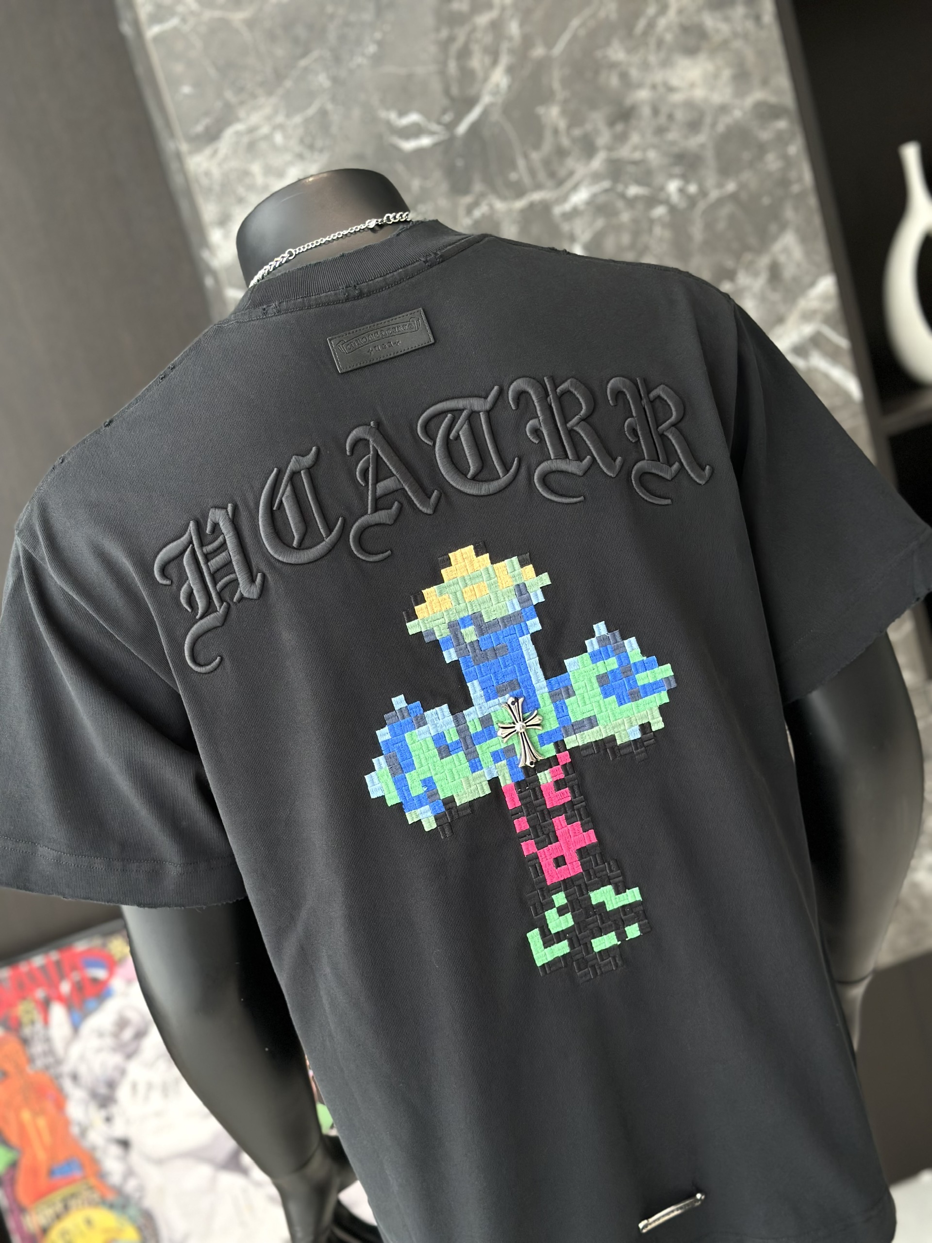 Áo phông T shirt Chrome Heart logo wash chữ thập trước sau Like Auth M-XL VTN\Đen