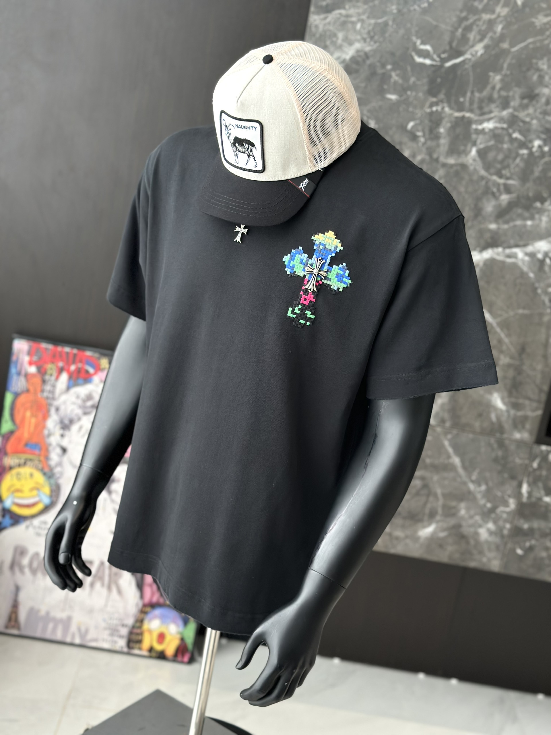 Áo phông T shirt Chrome Heart logo wash chữ thập trước sau Like Auth M-XL VTN\Đen