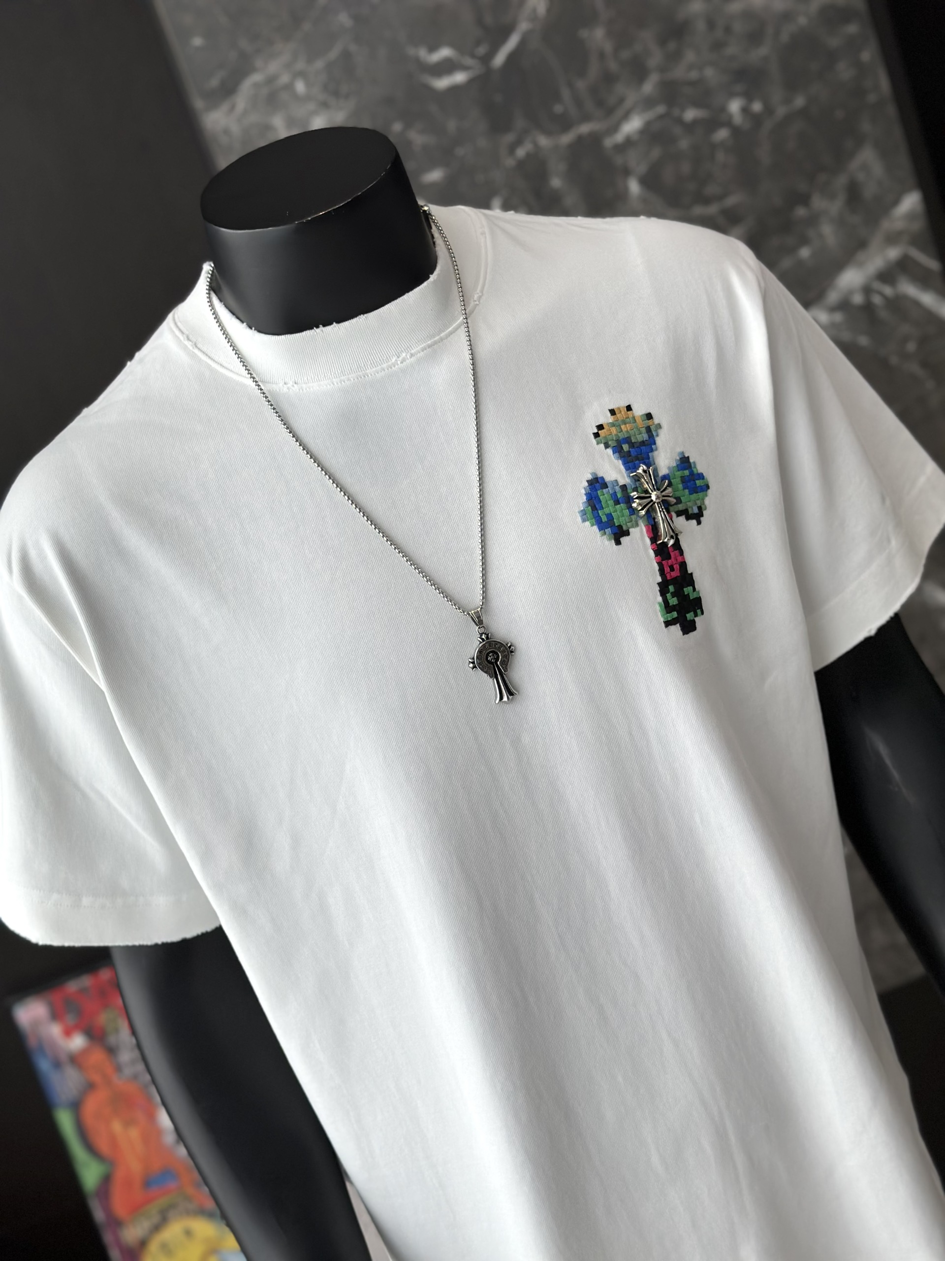Áo phông T shirt Chrome Heart logo wash chữ thập trước sau Like Auth M-XL VTN\Đen