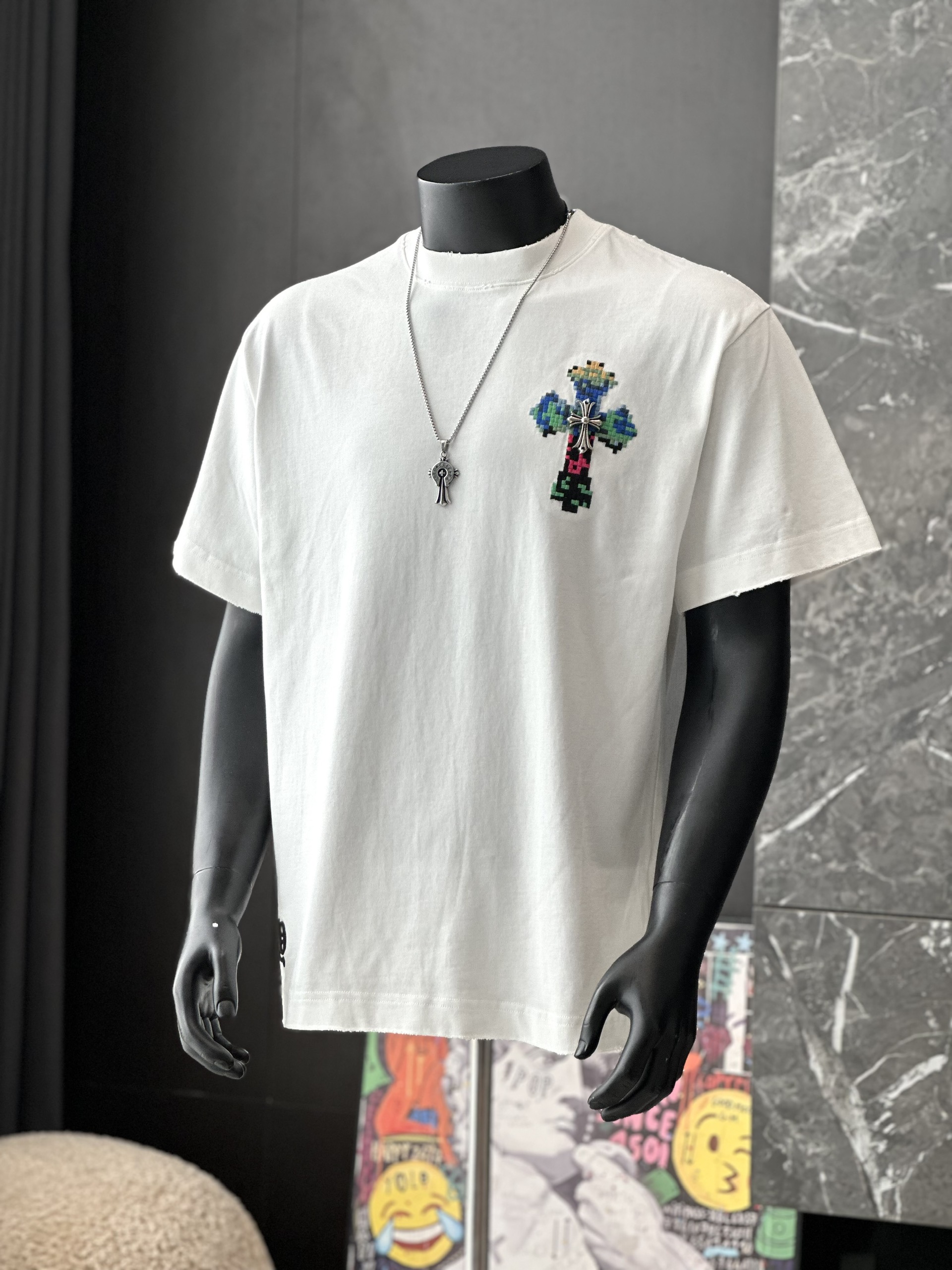 Áo phông T shirt Chrome Heart logo wash chữ thập trước sau Like Auth M-XL VTN\Đen