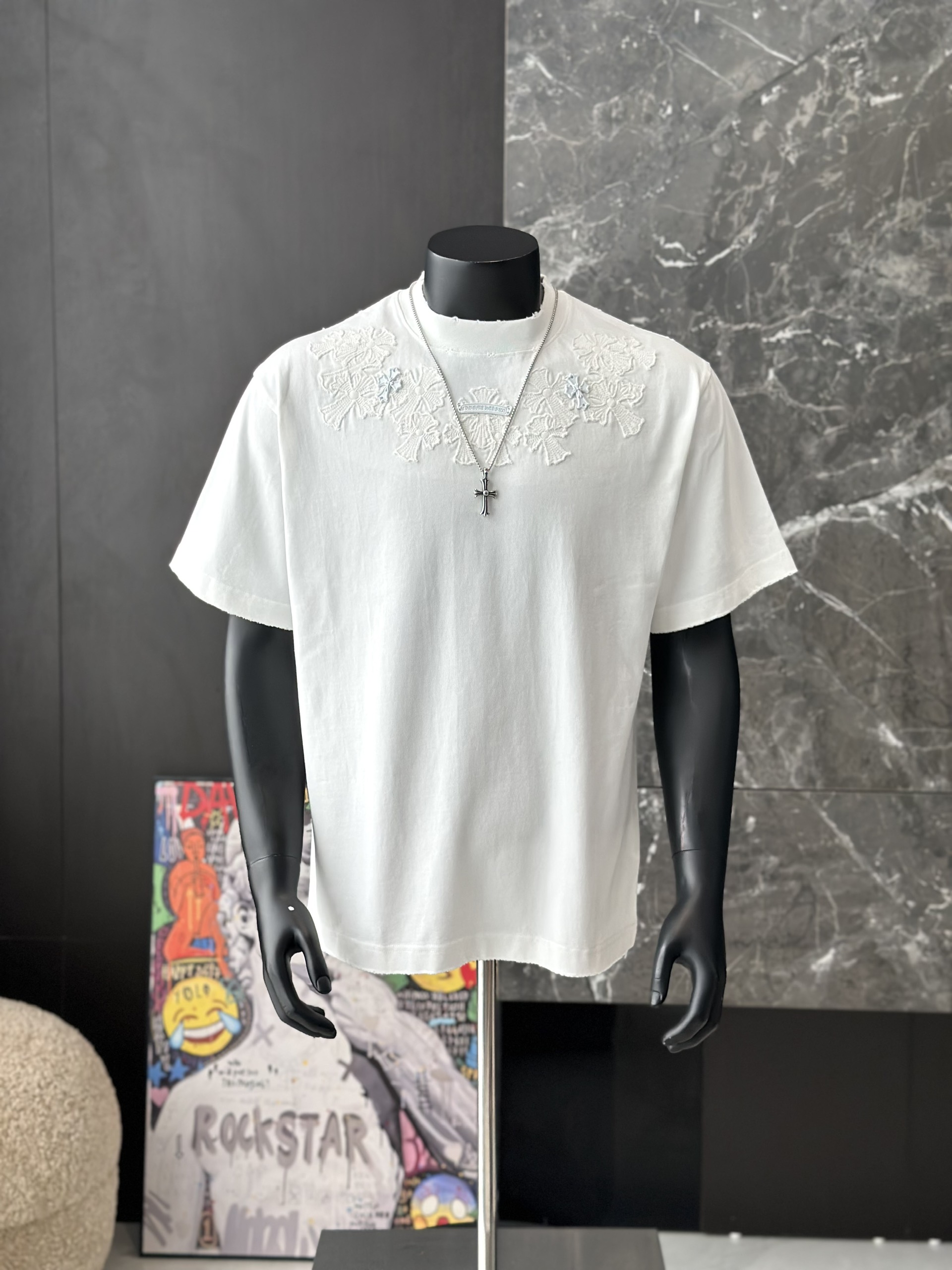 Áo phông T shirt Chrome Heart Trắng nhiều chữ thập wash Like Auth M-XL VTN