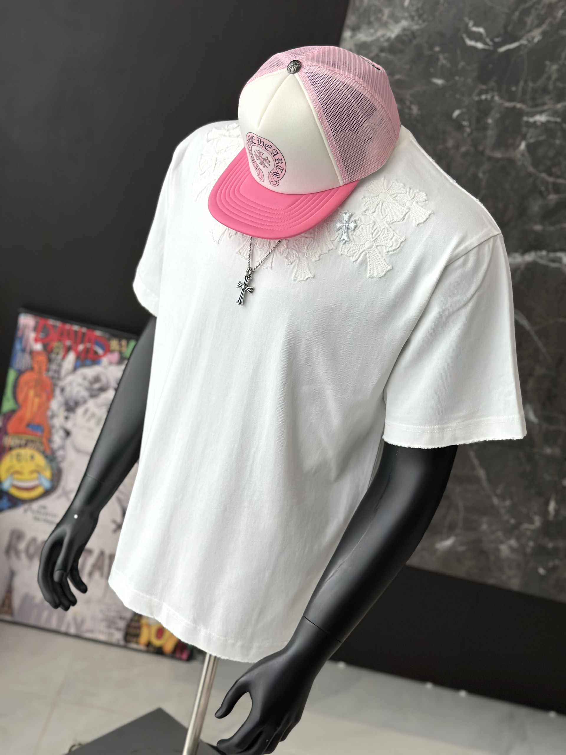 Áo phông T shirt Chrome Heart Trắng nhiều chữ thập wash Like Auth M-XL VTN