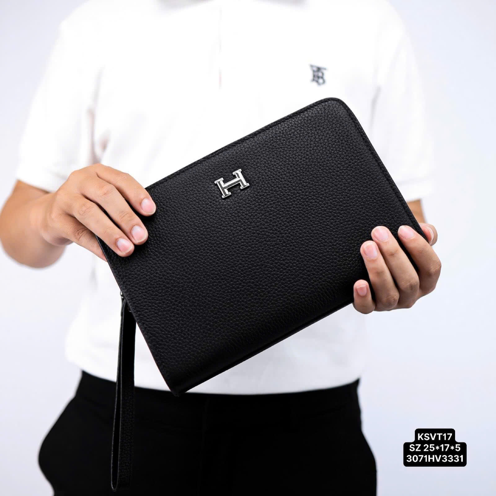 Túi xách tay Clutch Hermes HM bẹt logo chữ H bạc khóa vân tay Like Auth 25x17x5 DDT