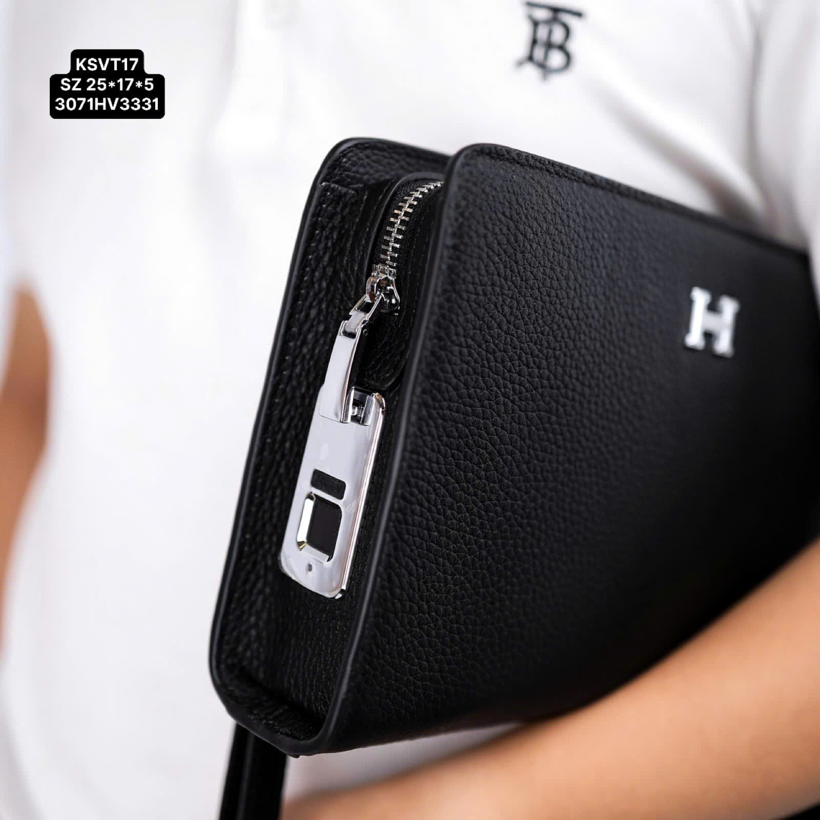 Túi xách tay Clutch Hermes HM bẹt logo chữ H bạc khóa vân tay Like Auth 25x17x5 DDT