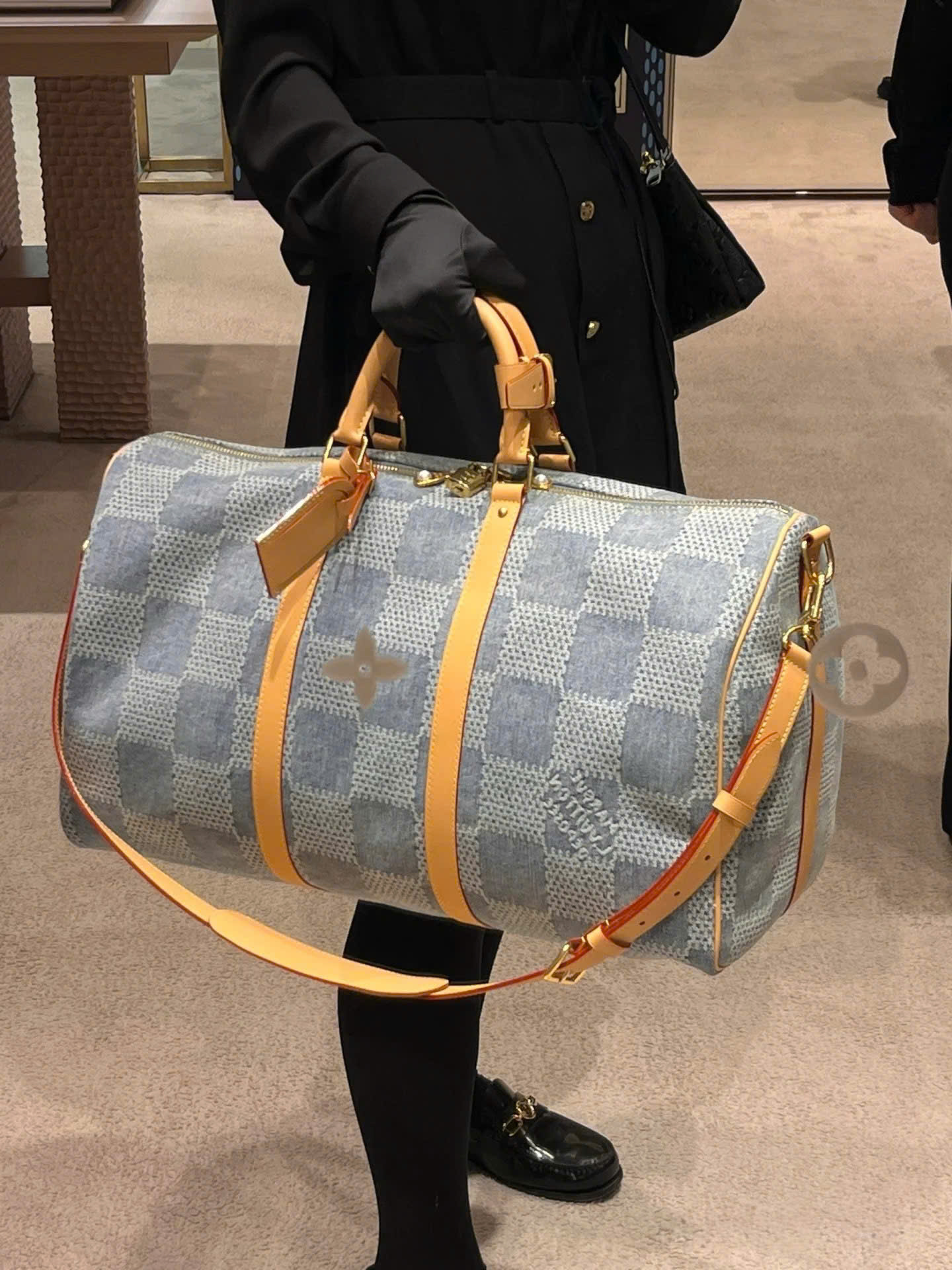 Túi trống du lịch Louis Vuitton LV Keepall Bandoulière Damier Denim Caro 3D size 50 Like Auth PLD