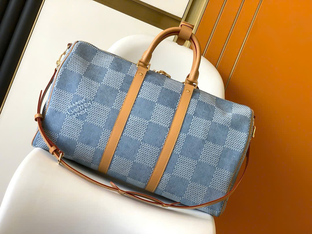 Túi trống du lịch Louis Vuitton LV Keepall Bandoulière Damier Denim Caro 3D size 50 Like Auth PLD