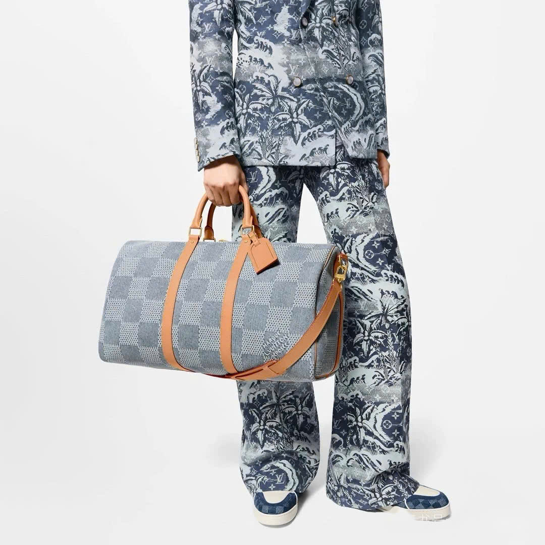Túi trống du lịch Louis Vuitton LV Keepall Bandoulière Damier Denim Caro 3D size 50 Like Auth PLD