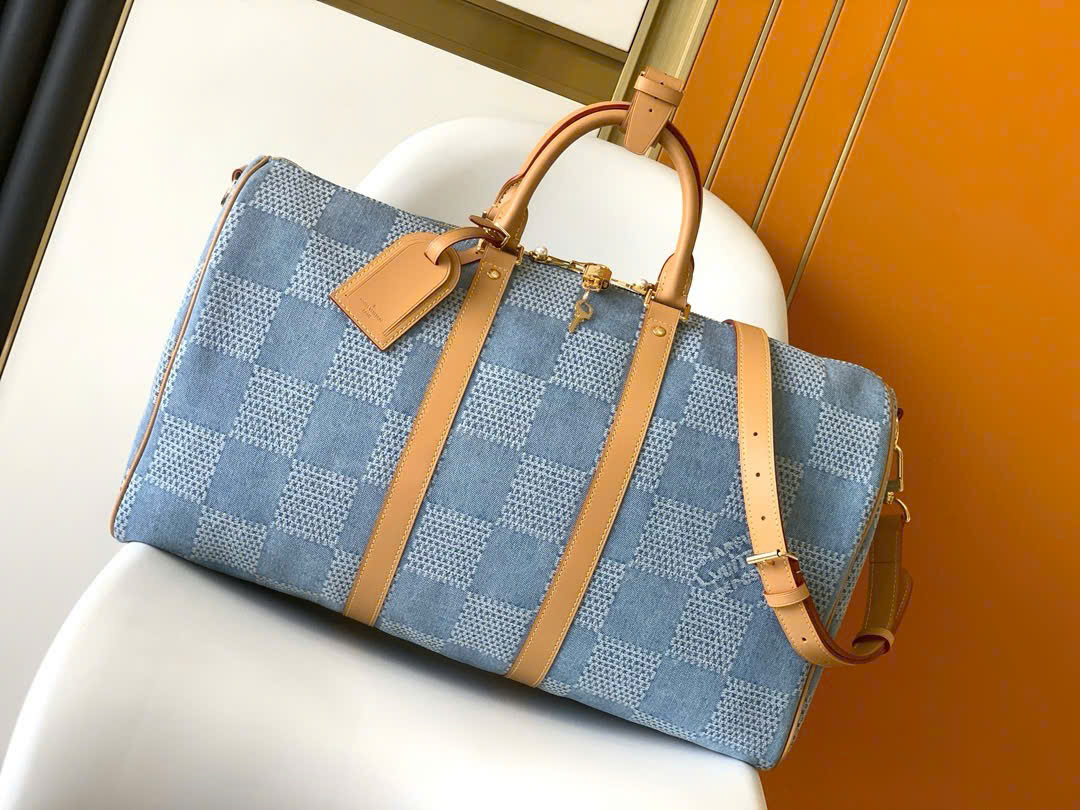 Túi trống du lịch Louis Vuitton LV Keepall Bandoulière Damier Denim Caro 3D size 50 Like Auth PLD