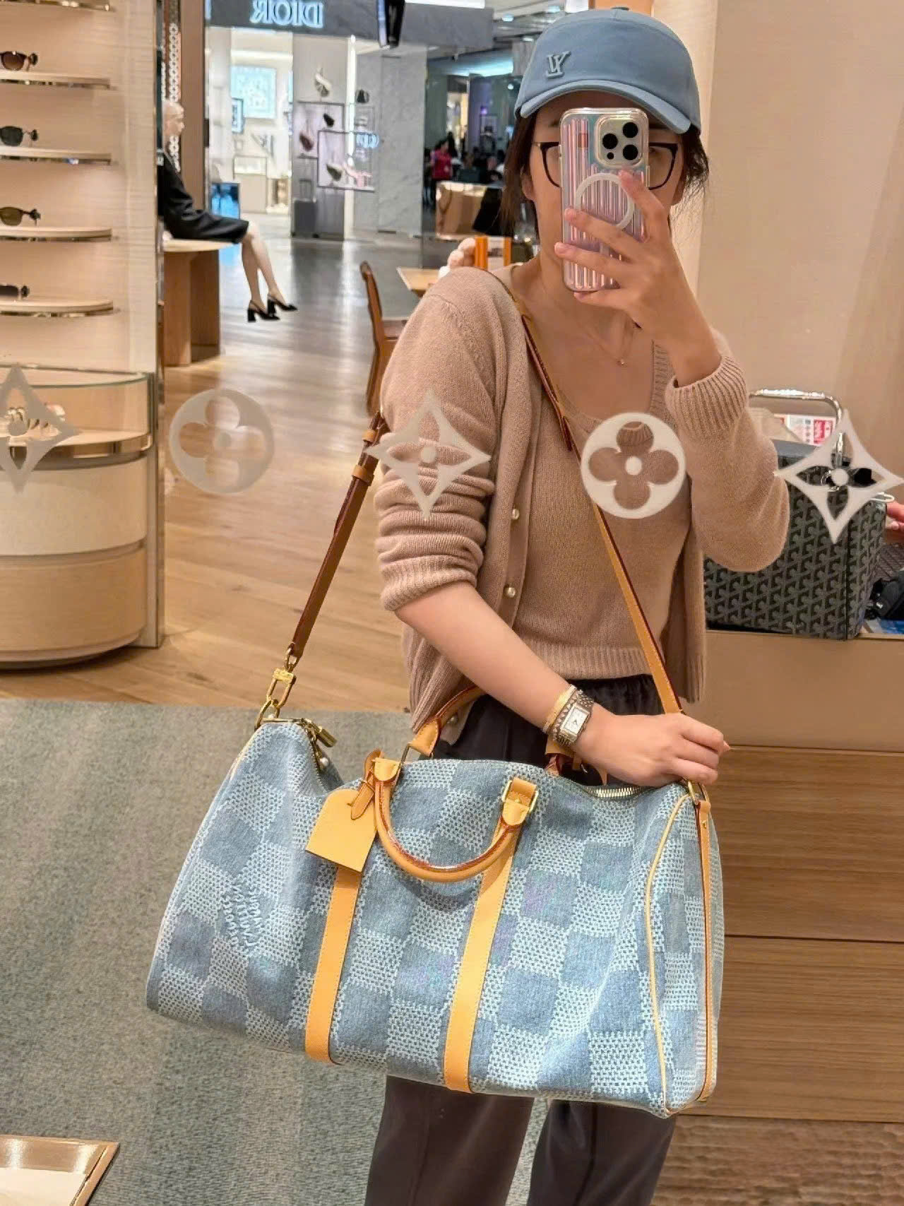 Túi trống du lịch Louis Vuitton LV Keepall Bandoulière Damier Denim Caro 3D size 50 Like Auth PLD