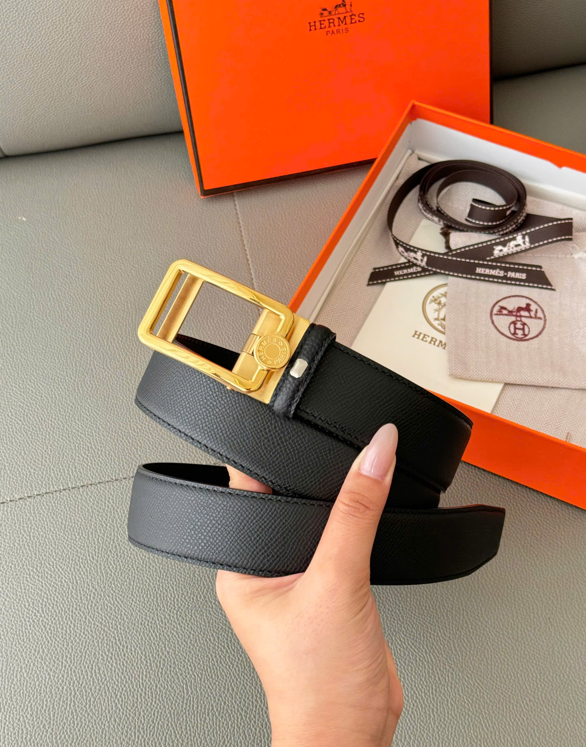 Thắt lưng dây nịt Hermes HM taiga Đen sần mặt chữ nhật Vàng khóa cài Like Auth 85-110 DDT