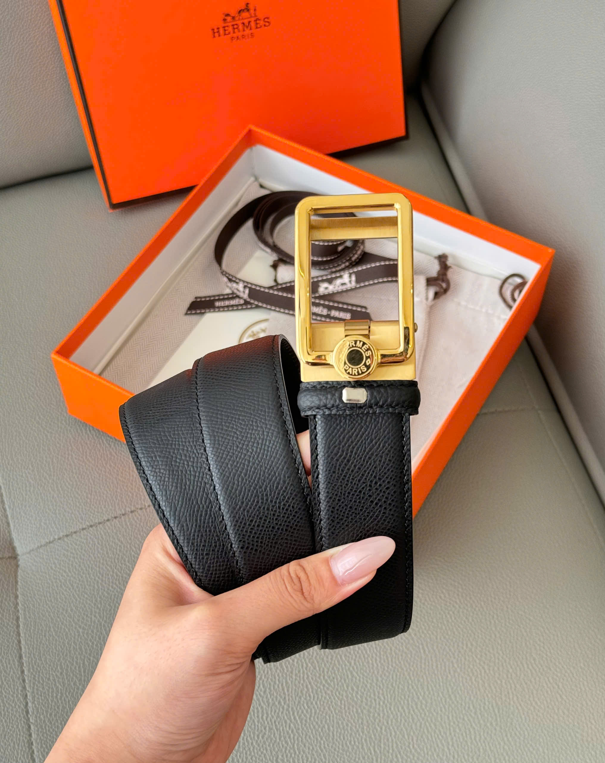 Thắt lưng dây nịt Hermes HM taiga Đen sần mặt chữ nhật Vàng khóa cài Like Auth 85-110 DDT