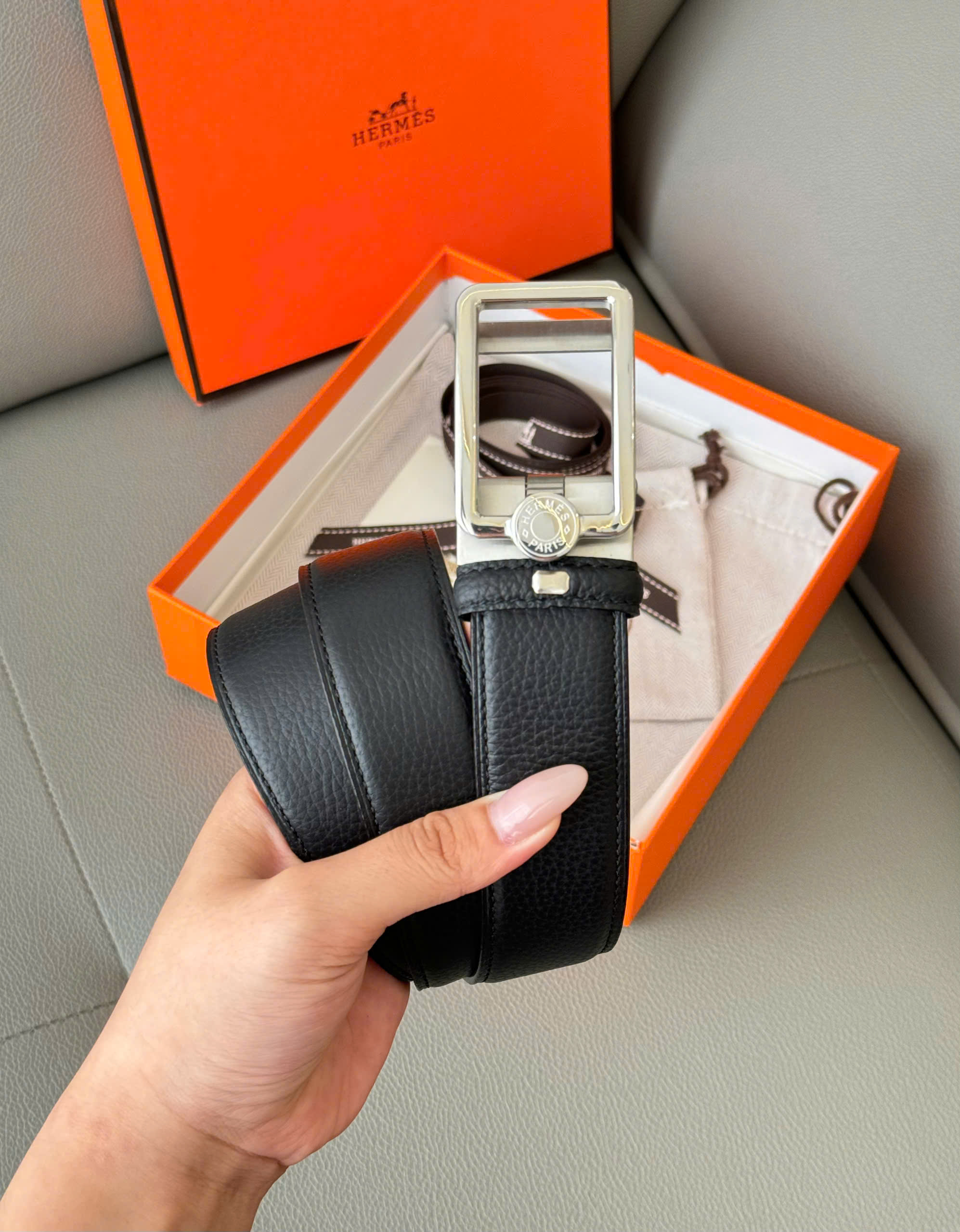 Thắt lưng dây nịt Hermes HM taiga Đen sần mặt chữ nhật Bạc khóa cài Like Auth 85-110 DDT