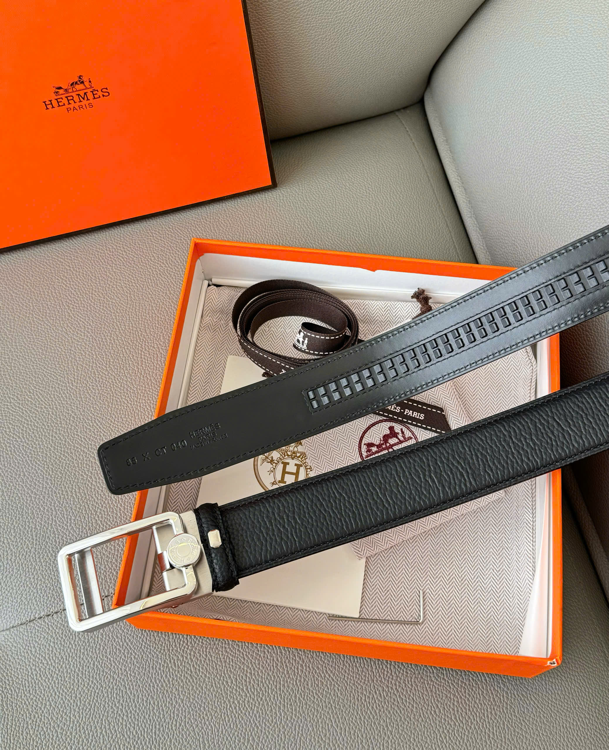 Thắt lưng dây nịt Hermes HM taiga Đen sần mặt chữ nhật Bạc khóa cài Like Auth 85-110 DDT