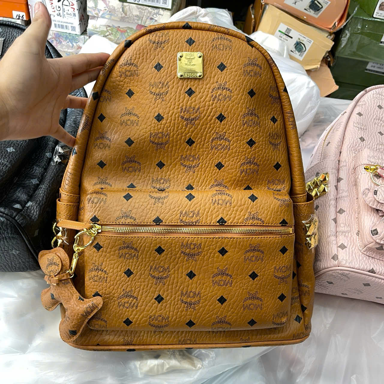 Balo MCM Stark Backpack in Visetos Cognac tag Cún Like Auth PLD\NÂU
