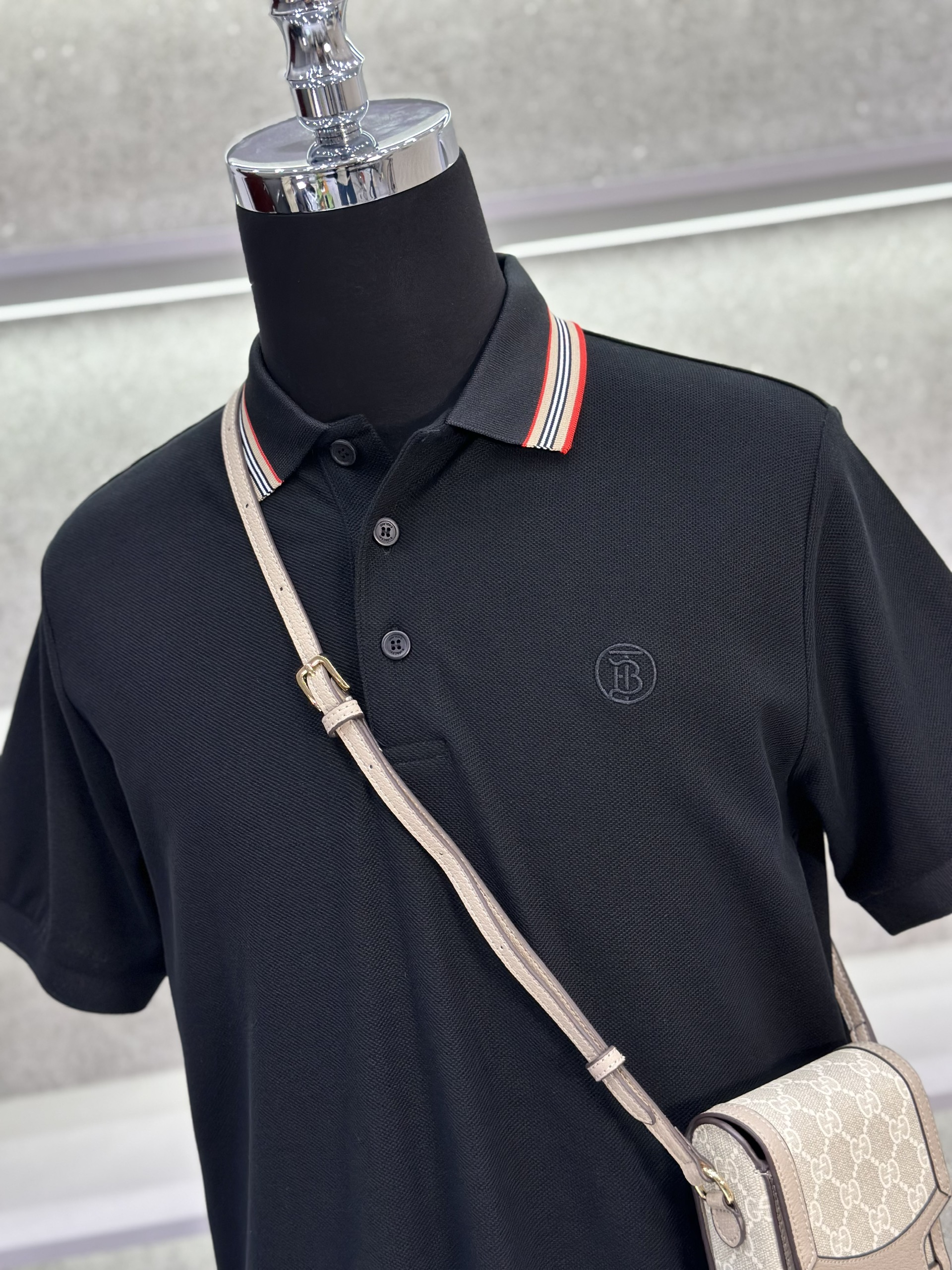 Áo polo Burberry BBR logo TB tròn thêu ngực phối kẻ sọc cổ Like Auth 1-1 on web VTN