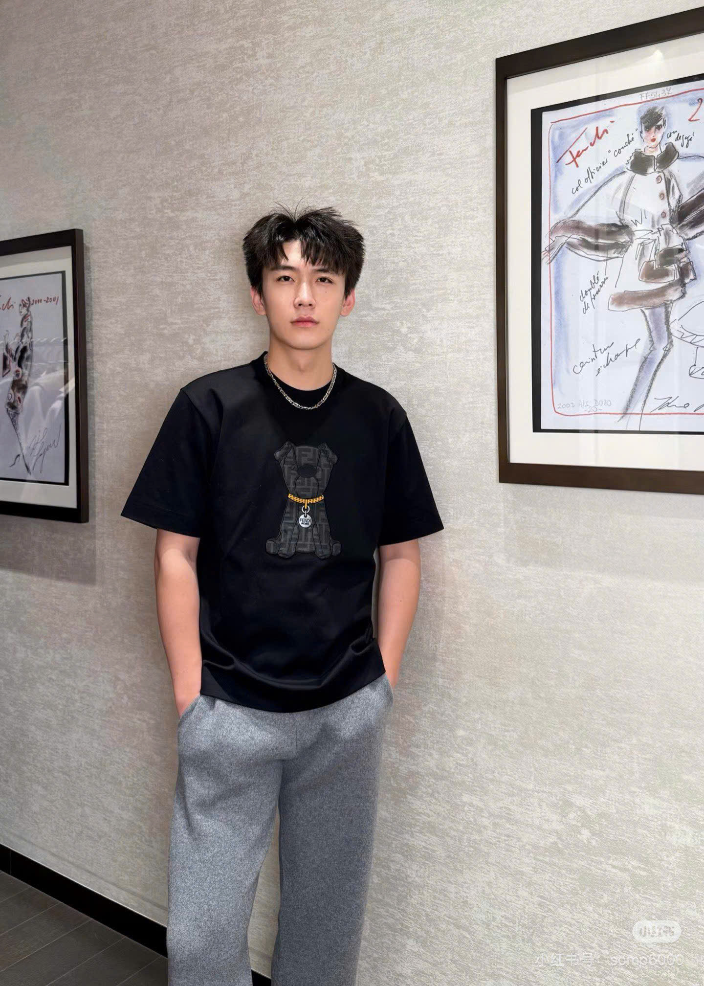 Áo phông T shirt Fendi Roma FD logo wash hình Cún đeo vòng ngực Like Auth S-L DDT