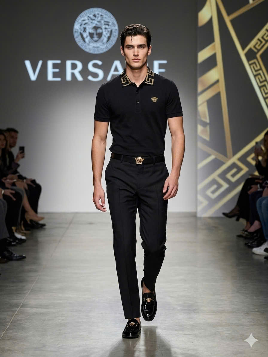 Áo polo Versace VS check cổ logo thêu ngực mặt quỷ Like Auth 48-52 MK\Đen