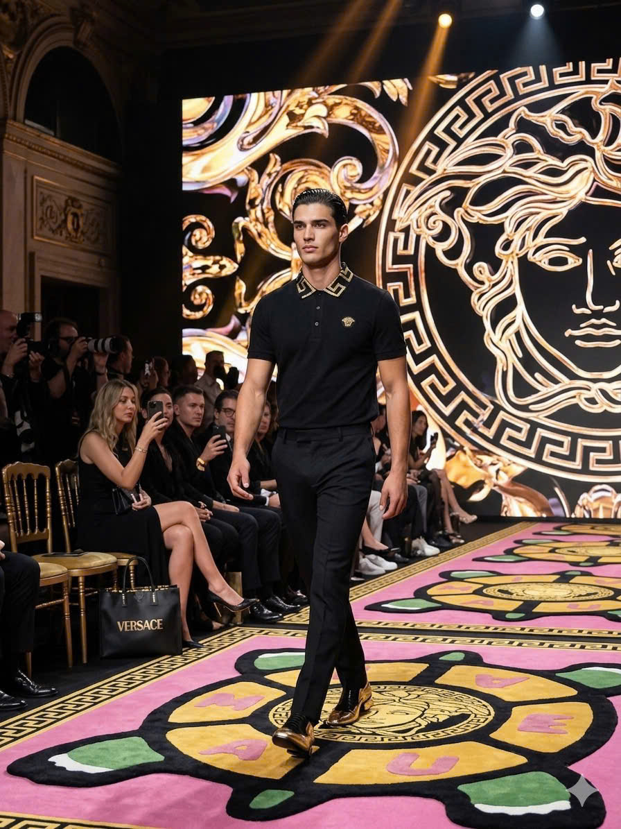 Áo polo Versace VS check cổ logo thêu ngực mặt quỷ Like Auth 48-52 MK\Đen