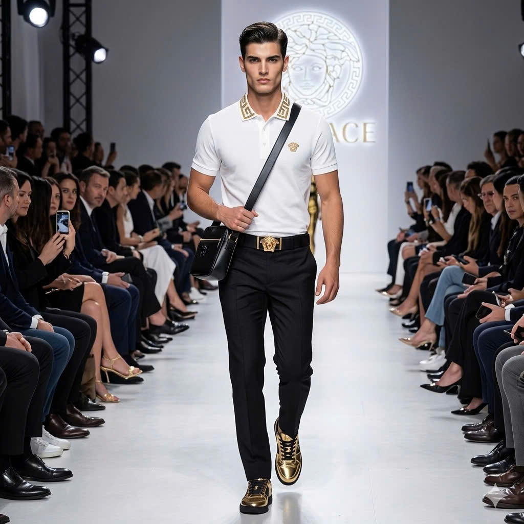 Áo polo Versace VS check cổ logo thêu ngực mặt quỷ Like Auth 48-52 MK\Trắng