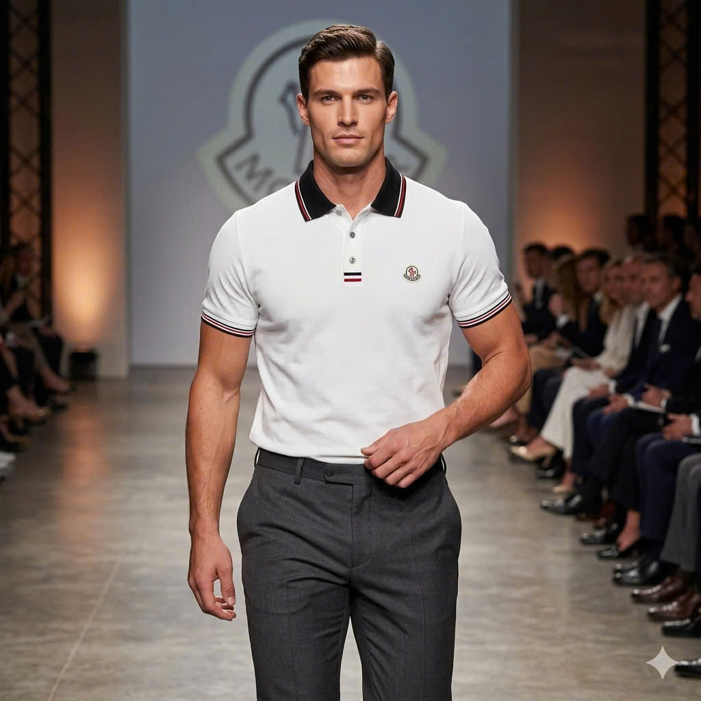 Áo polo Moncler check kẻ cổ logo thêu wash ngực Like Auth 48-52 MK\Trắng