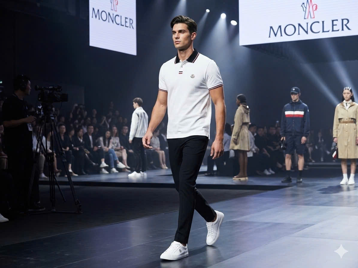 Áo polo Moncler check kẻ cổ logo thêu wash ngực Like Auth 48-52 MK\Trắng