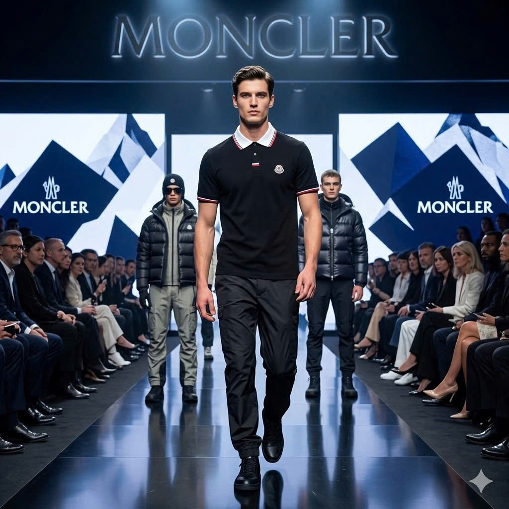 Áo polo Moncler check kẻ cổ logo thêu wash ngực Like Auth 48-52 MK\Đen